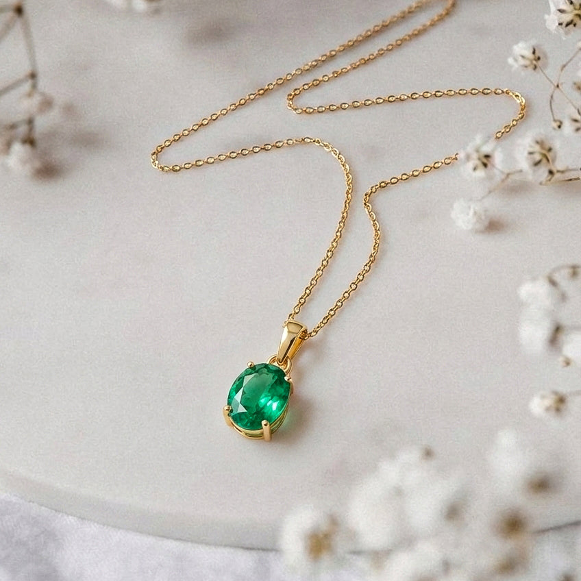 Emerald Solitaire Pendant Necklace in Yellow Gold Plated 9x7 MM 1.4ct