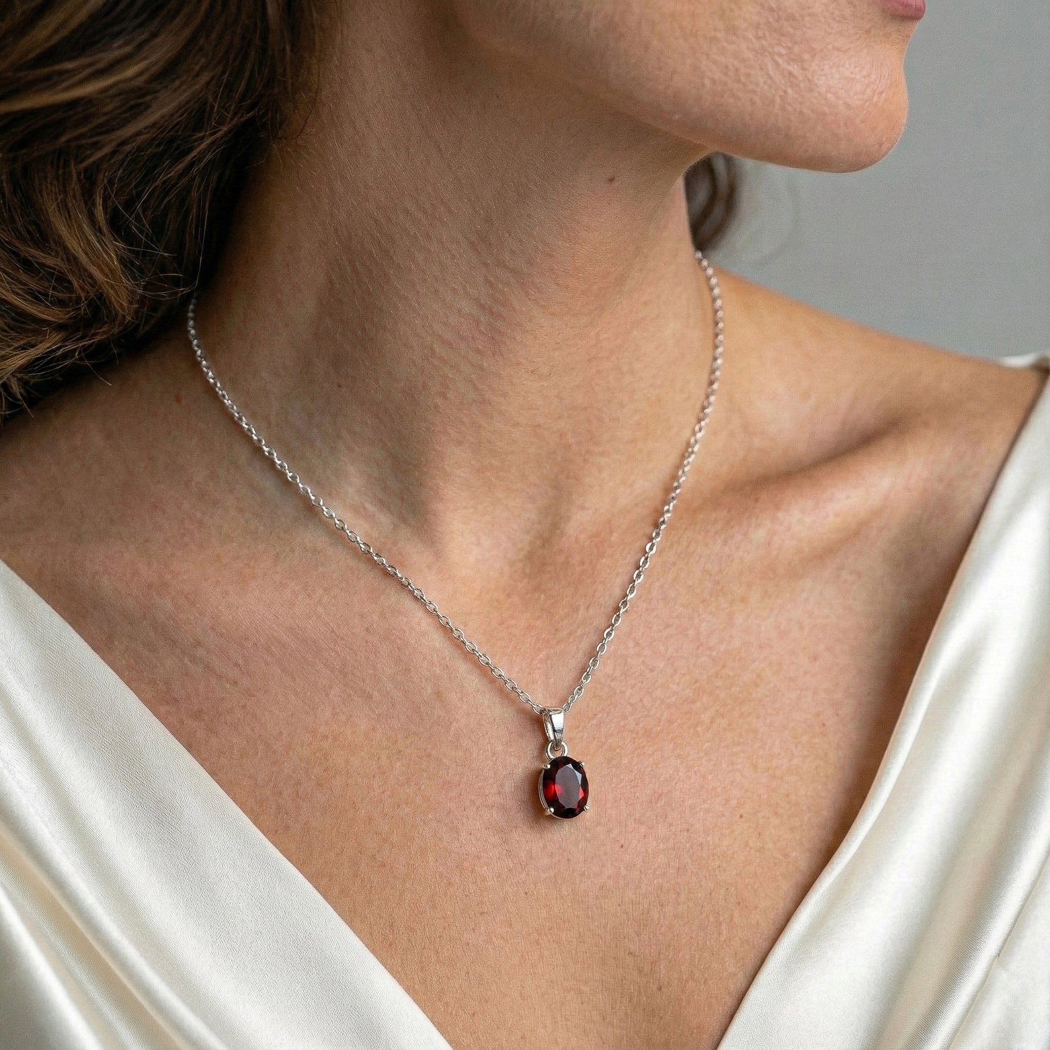 Garnet Solitaire Pendant Necklace in 925 Sterling Silver 9x7 MM 1.4ct