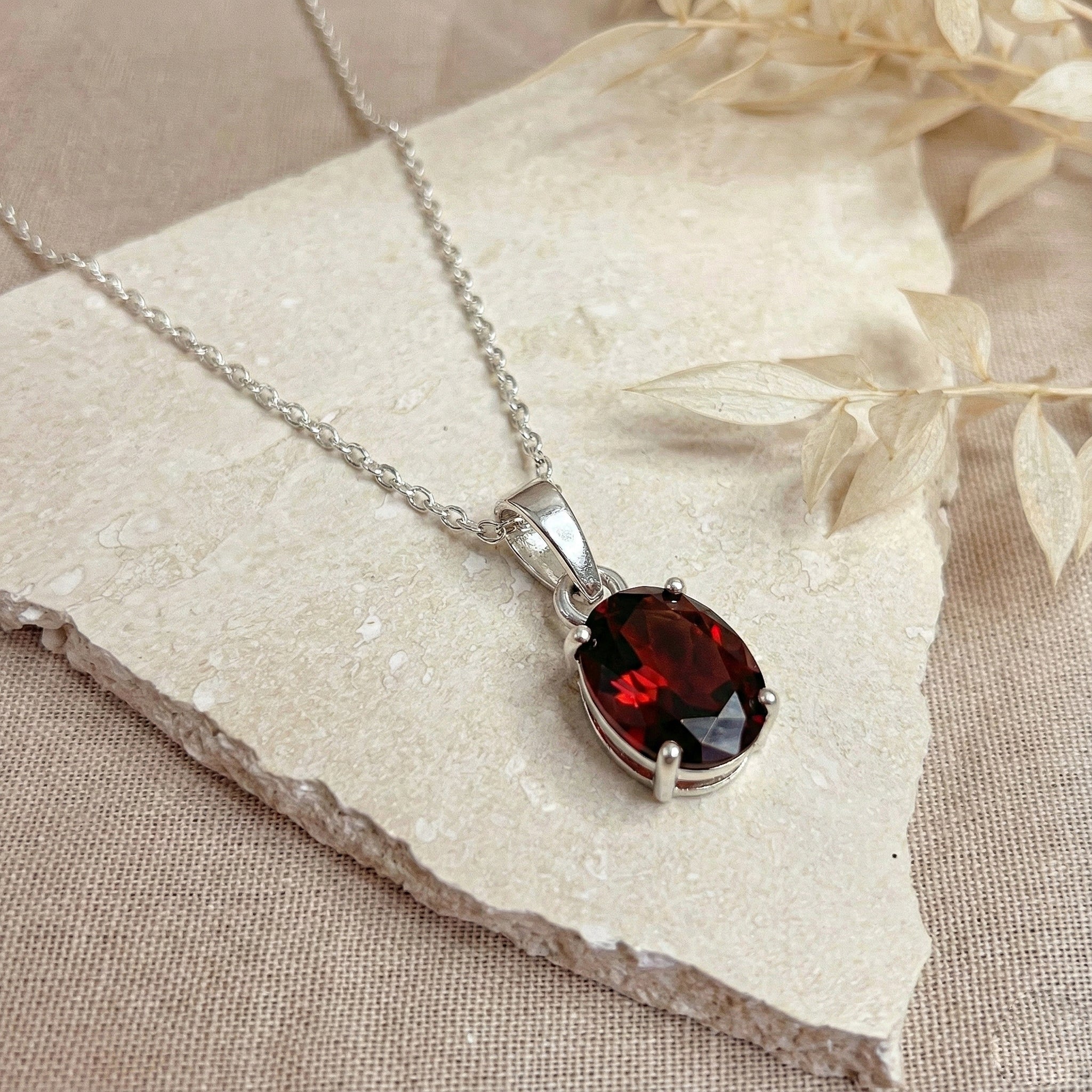 Garnet Solitaire Pendant Necklace in 925 Sterling Silver 9x7 MM 1.4ct