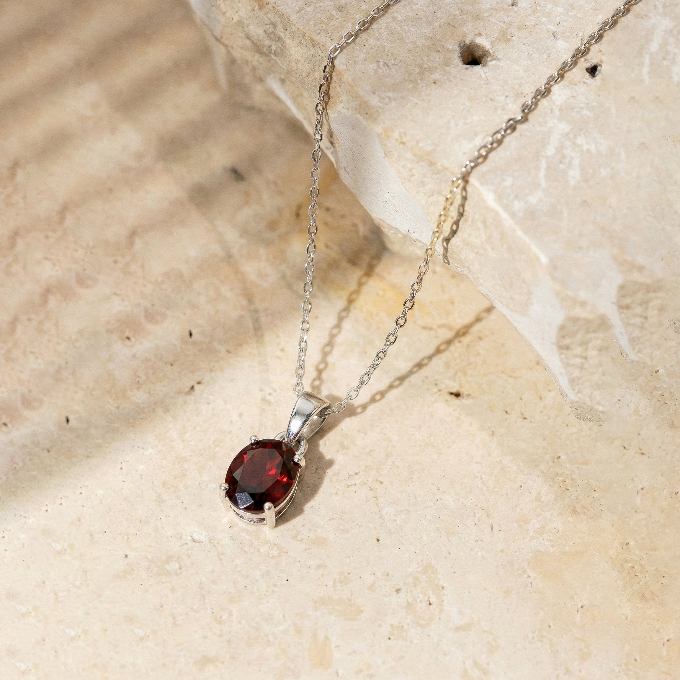 Garnet Solitaire Pendant Necklace in 925 Sterling Silver 9x7 MM 1.4ct