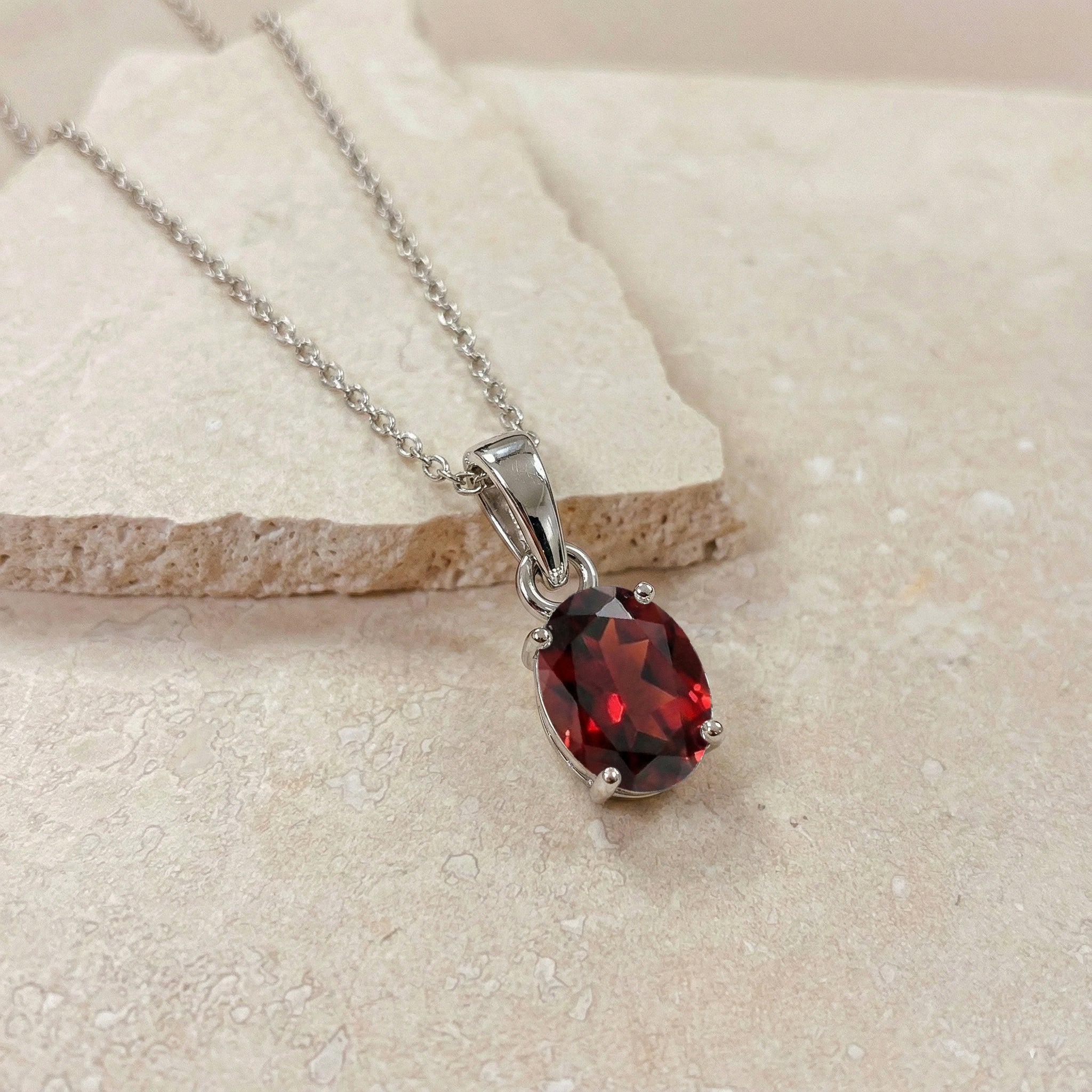 Garnet Solitaire Pendant Necklace in 925 Sterling Silver 9x7 MM 1.4ct