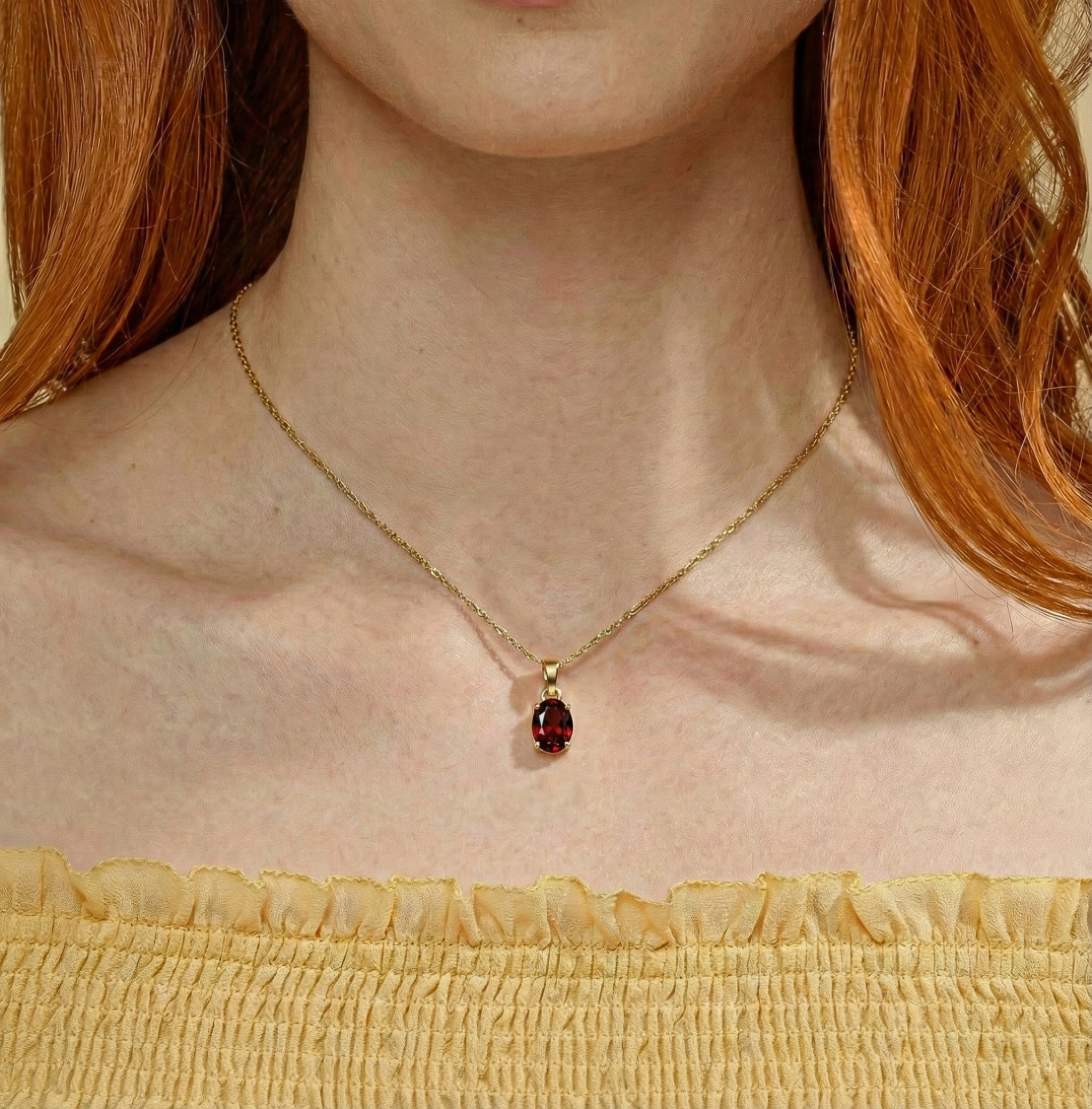 Garnet Solitaire Pendant Necklace in Yellow Gold Plated 9x7 MM 1.4ct