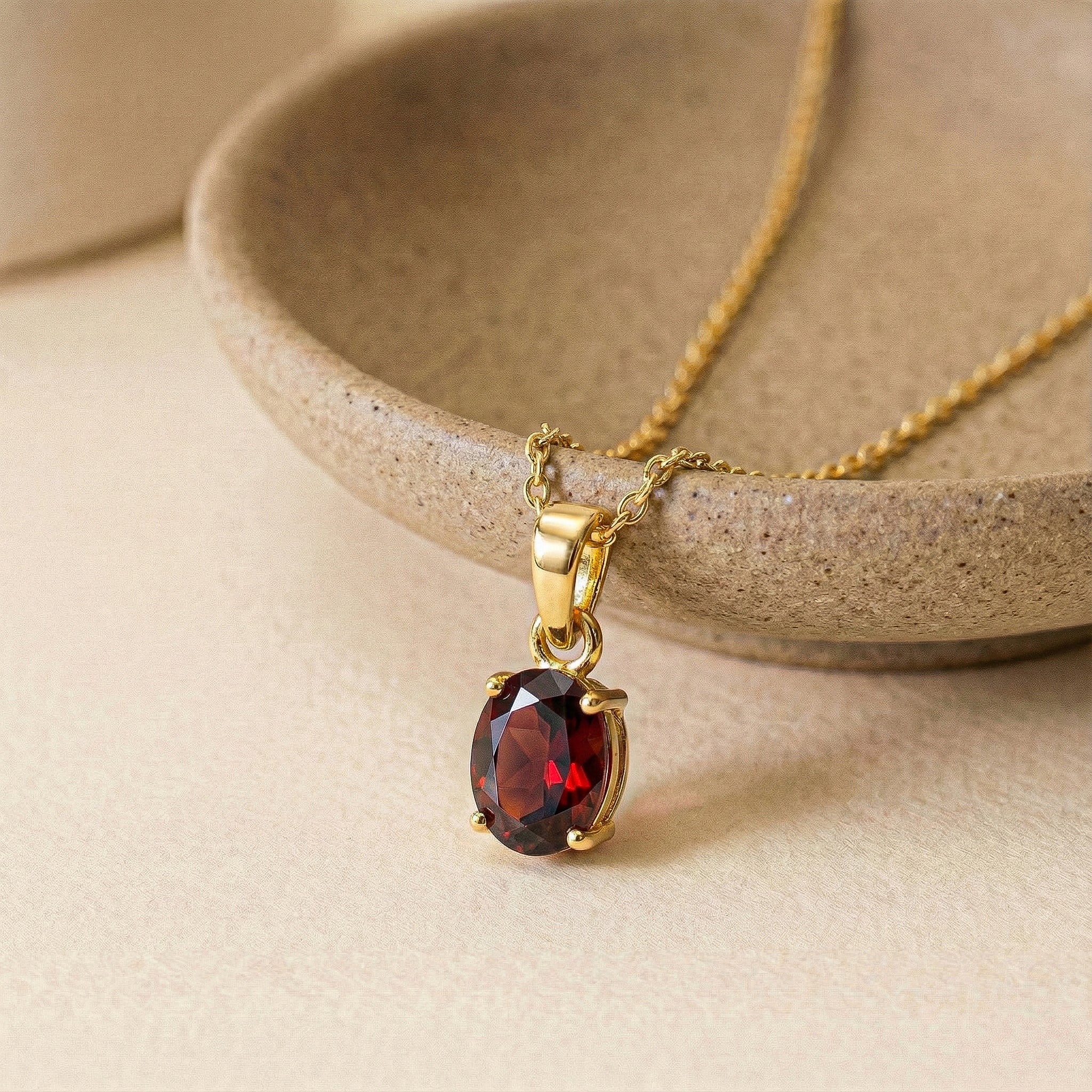 Garnet Solitaire Pendant Necklace in Yellow Gold Plated 9x7 MM 1.4ct