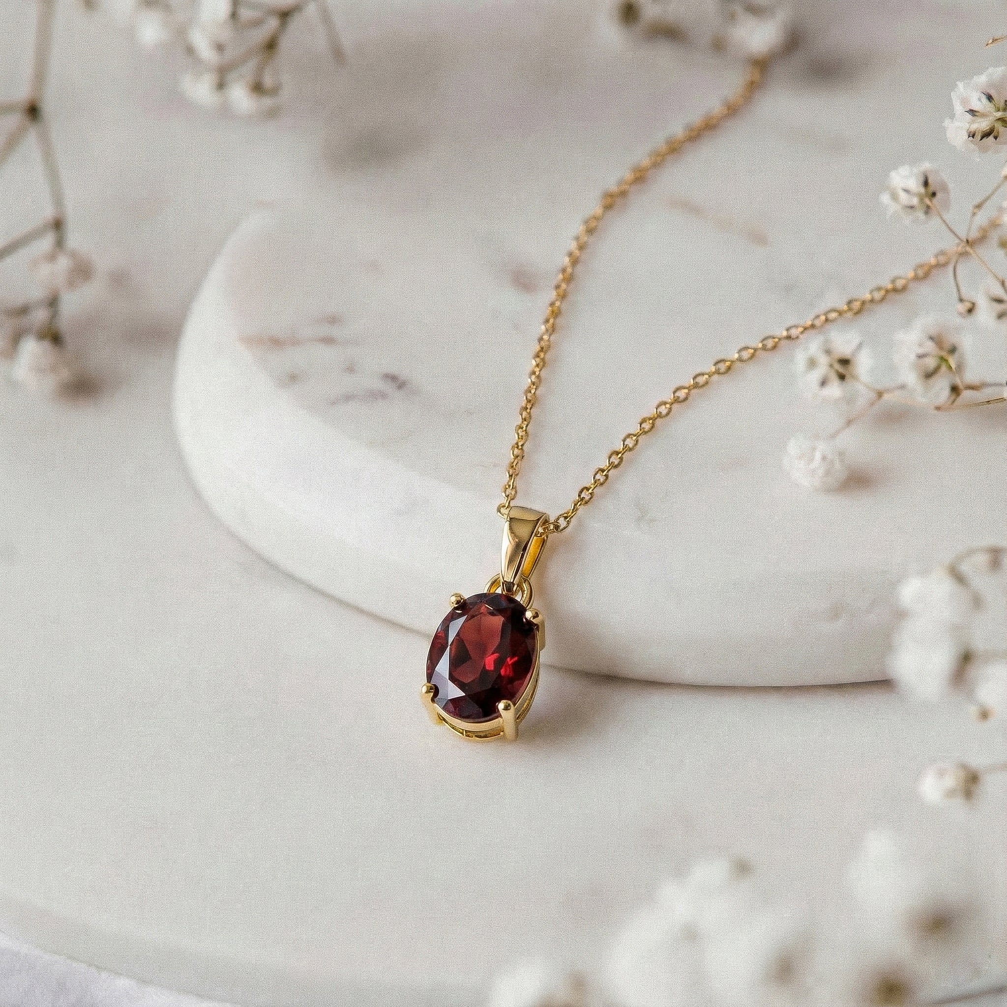 Garnet Solitaire Pendant Necklace in Yellow Gold Plated 9x7 MM 1.4ct