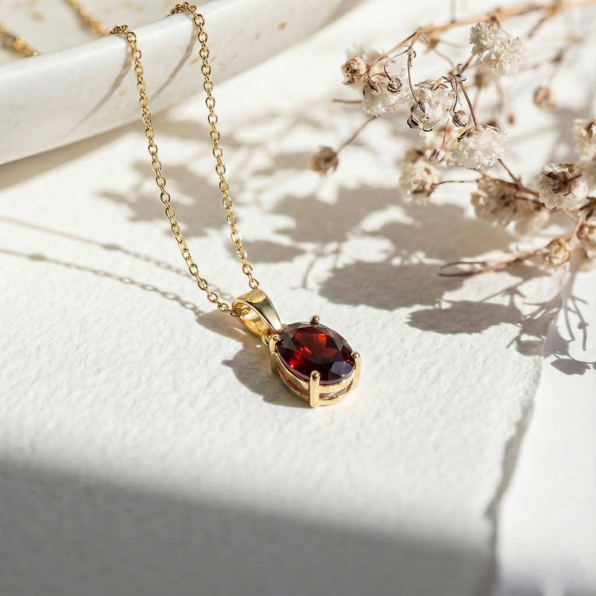 Garnet Solitaire Pendant Necklace in Yellow Gold Plated 9x7 MM 1.4ct