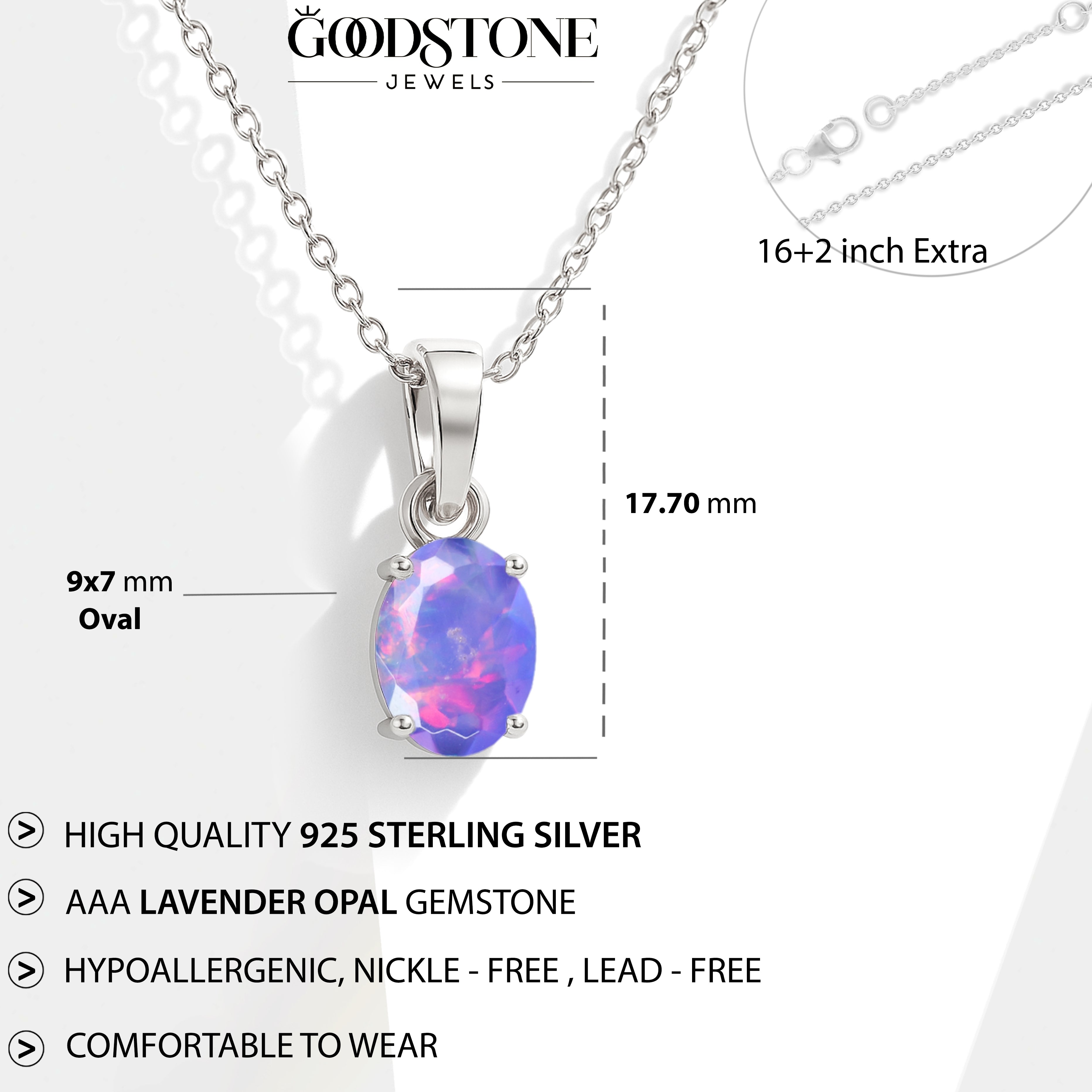 Lavender Opal Oval Teardrop Pendant Necklace in 925 Sterling Silver 1.20ct