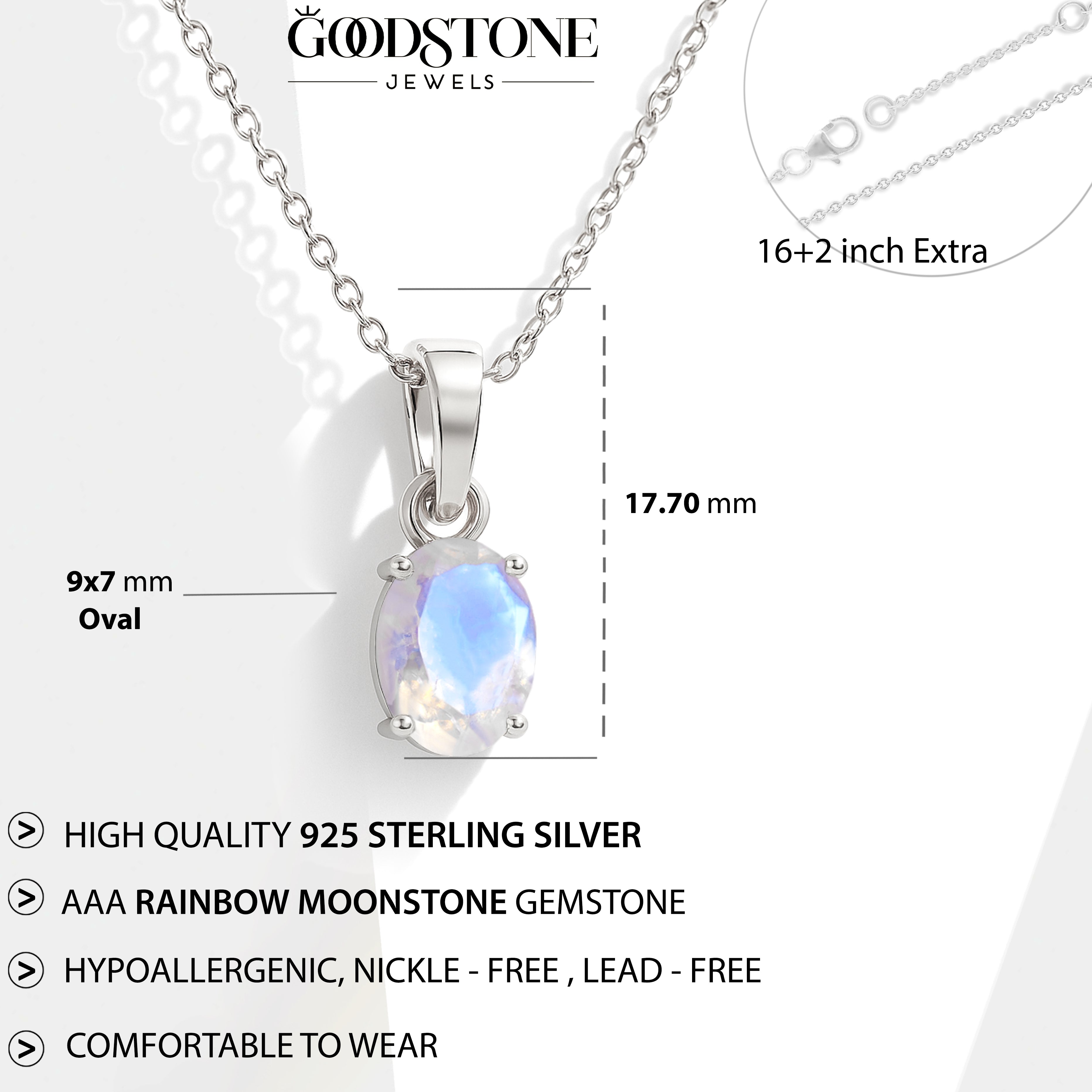 Natural Moonstone Oval Pendant Necklace in 925 Sterling Silver 1.40ct