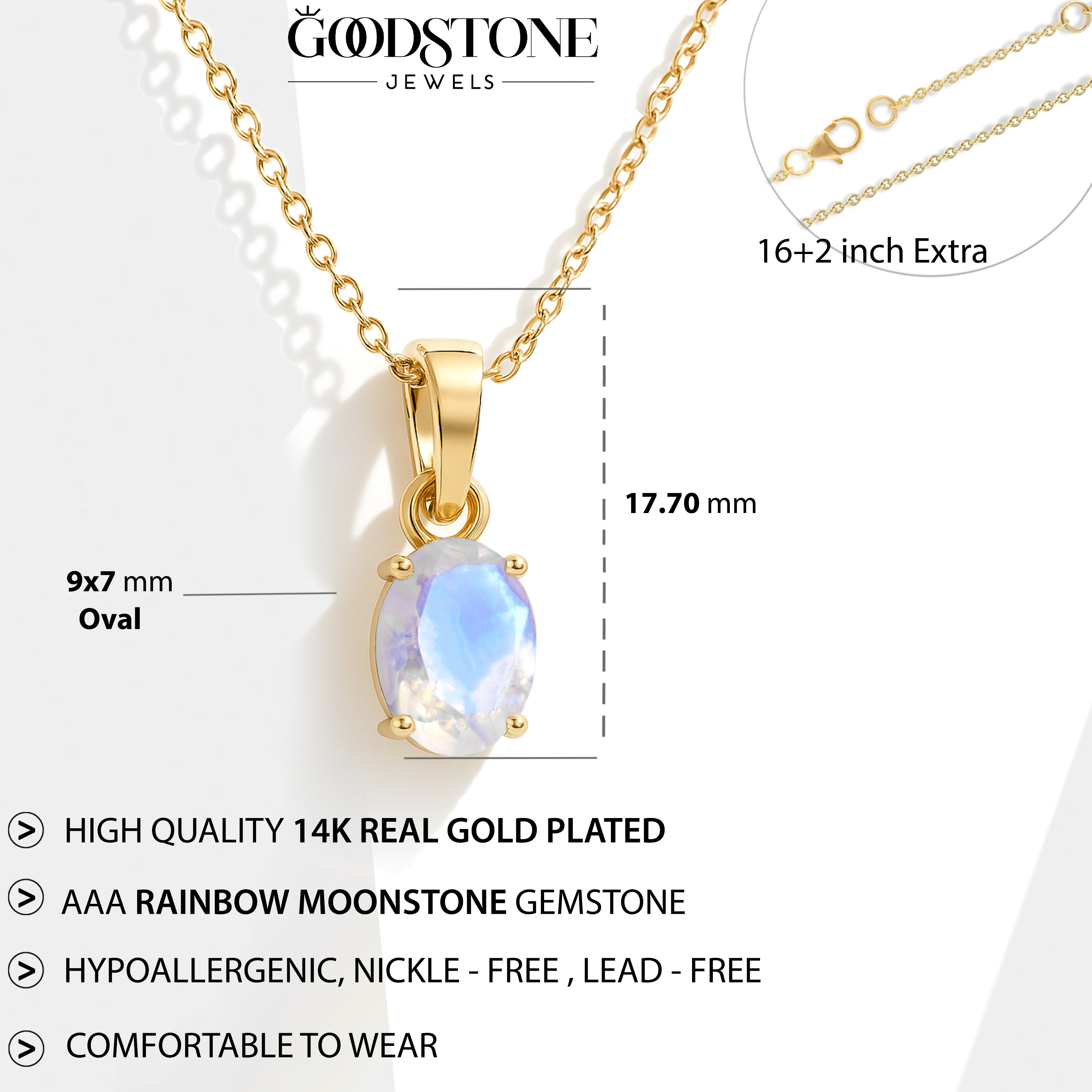 Natural Moonstone Oval Pendant Necklace in 925 Sterling Silver 1.40ct