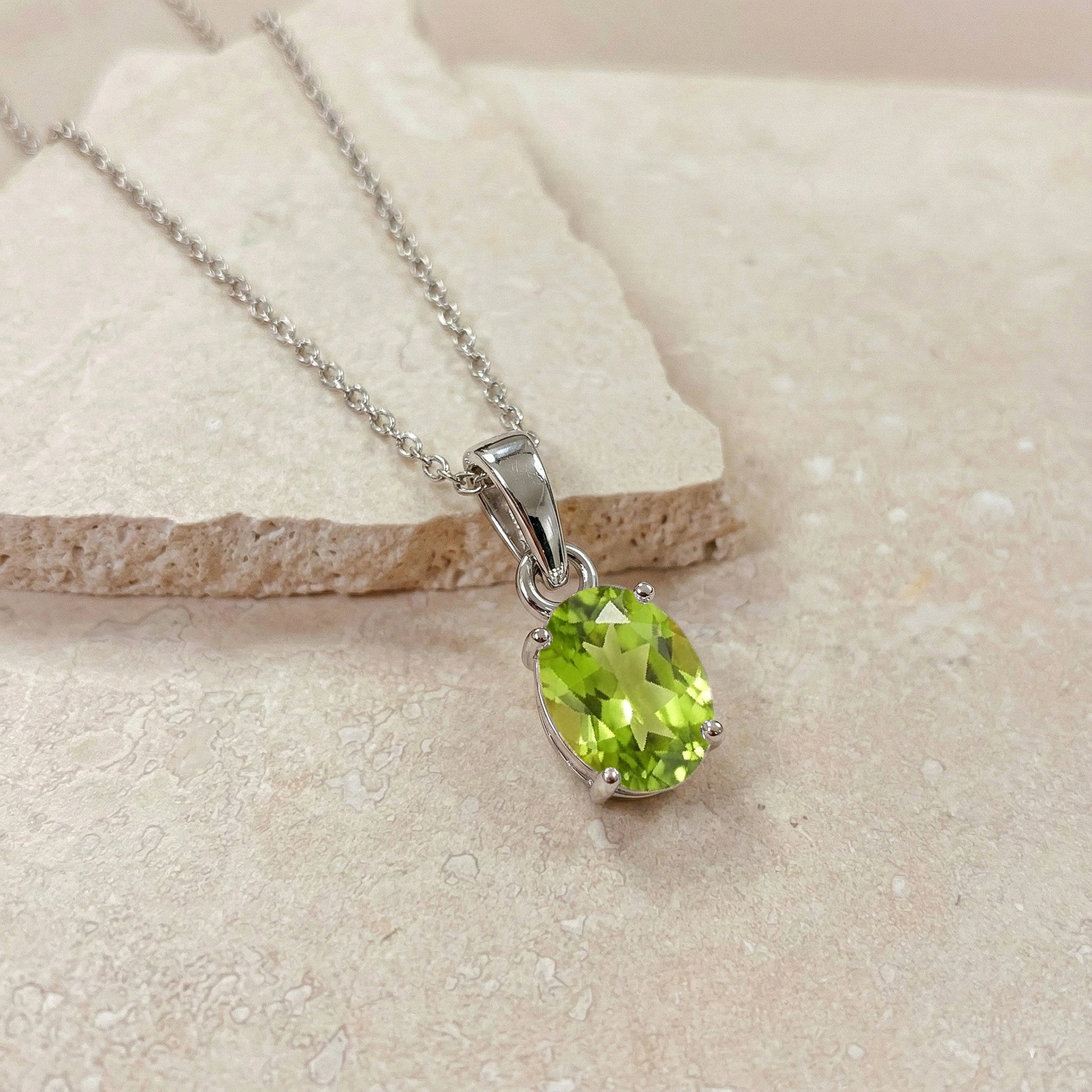 Peridot Solitaire Pendant Necklace in 925 Sterling Silver 9x7 MM 1.4ct