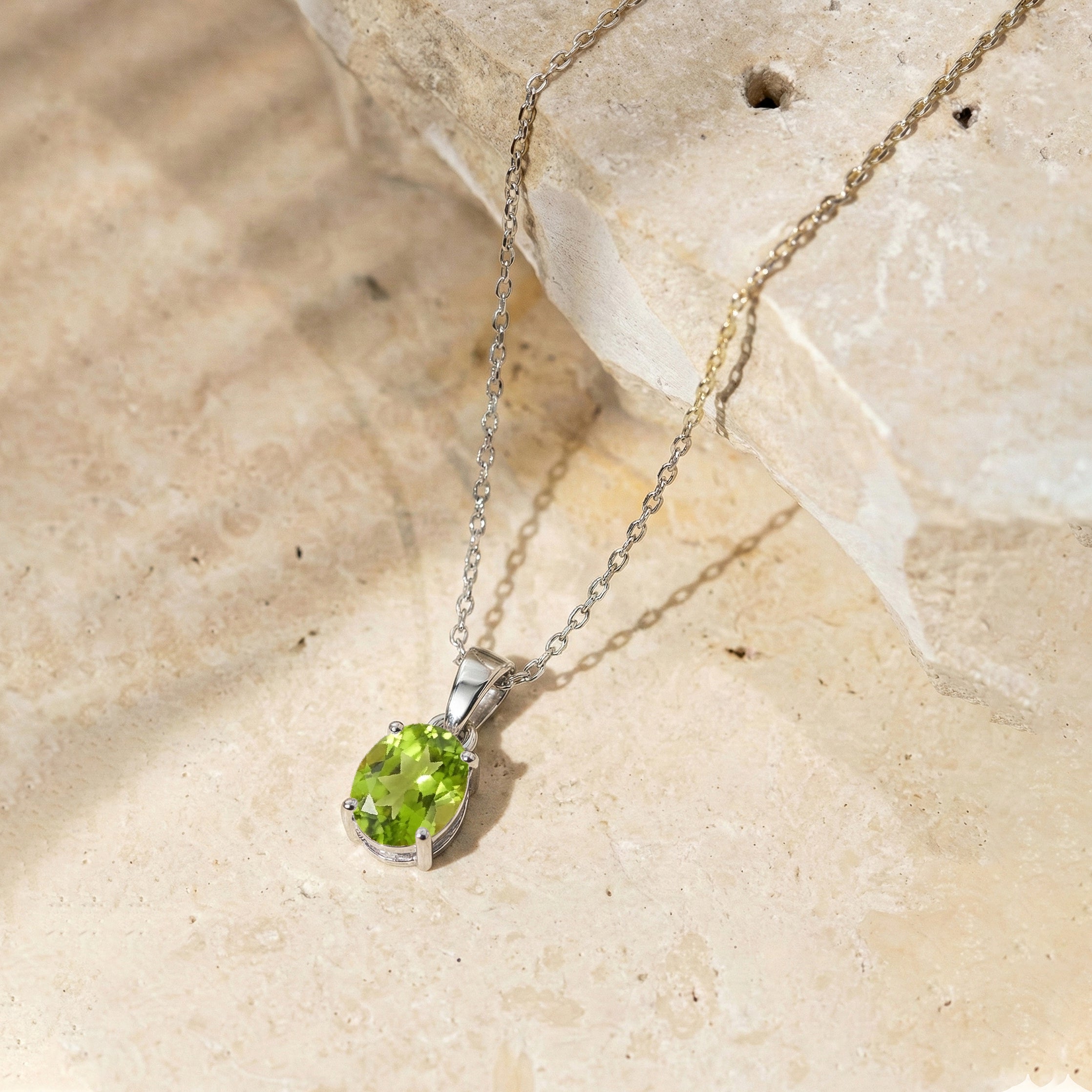 Peridot Solitaire Pendant Necklace in 925 Sterling Silver 9x7 MM 1.4ct