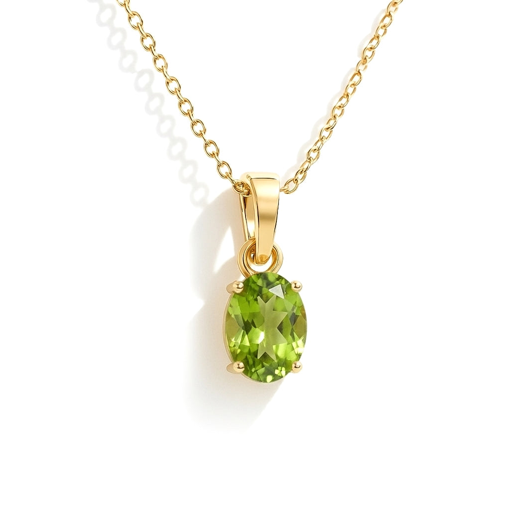 Peridot Solitaire Pendant Necklace in Yellow Gold Plated 9x7 MM 1.4ct