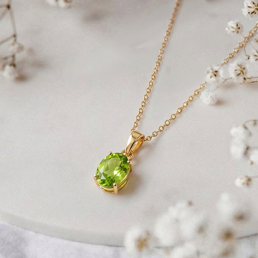 Peridot Solitaire Pendant Necklace in Yellow Gold Plated 9x7 MM 1.4ct