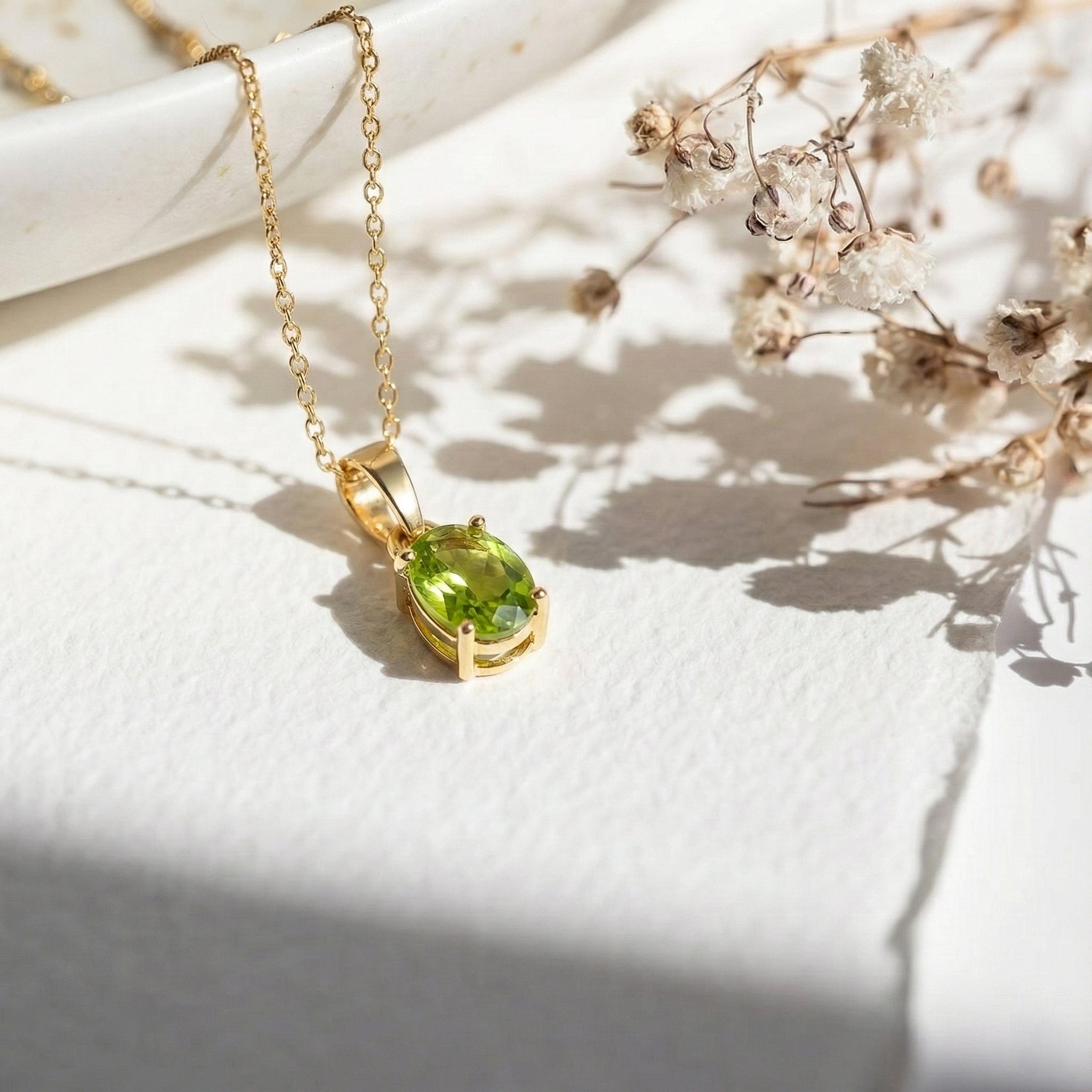 Peridot Solitaire Pendant Necklace in Yellow Gold Plated 9x7 MM 1.4ct