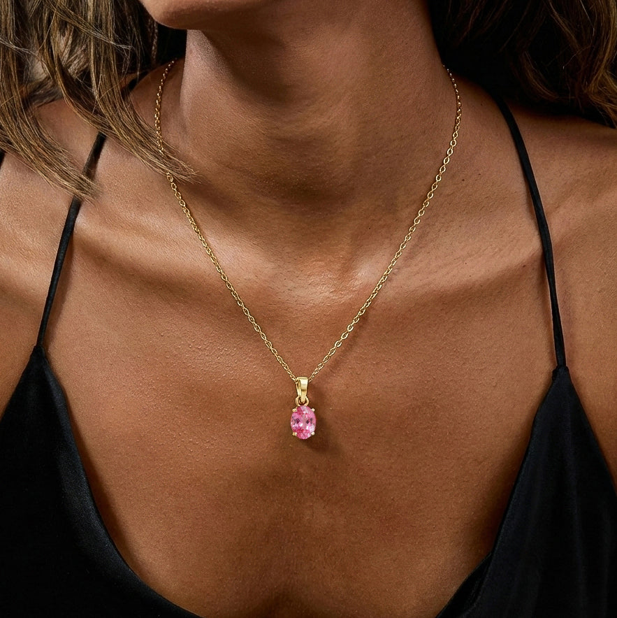 Pink Tourmaline Solitaire Pendant Necklace in Yellow Gold Plated 9x7 MM 1.4ct