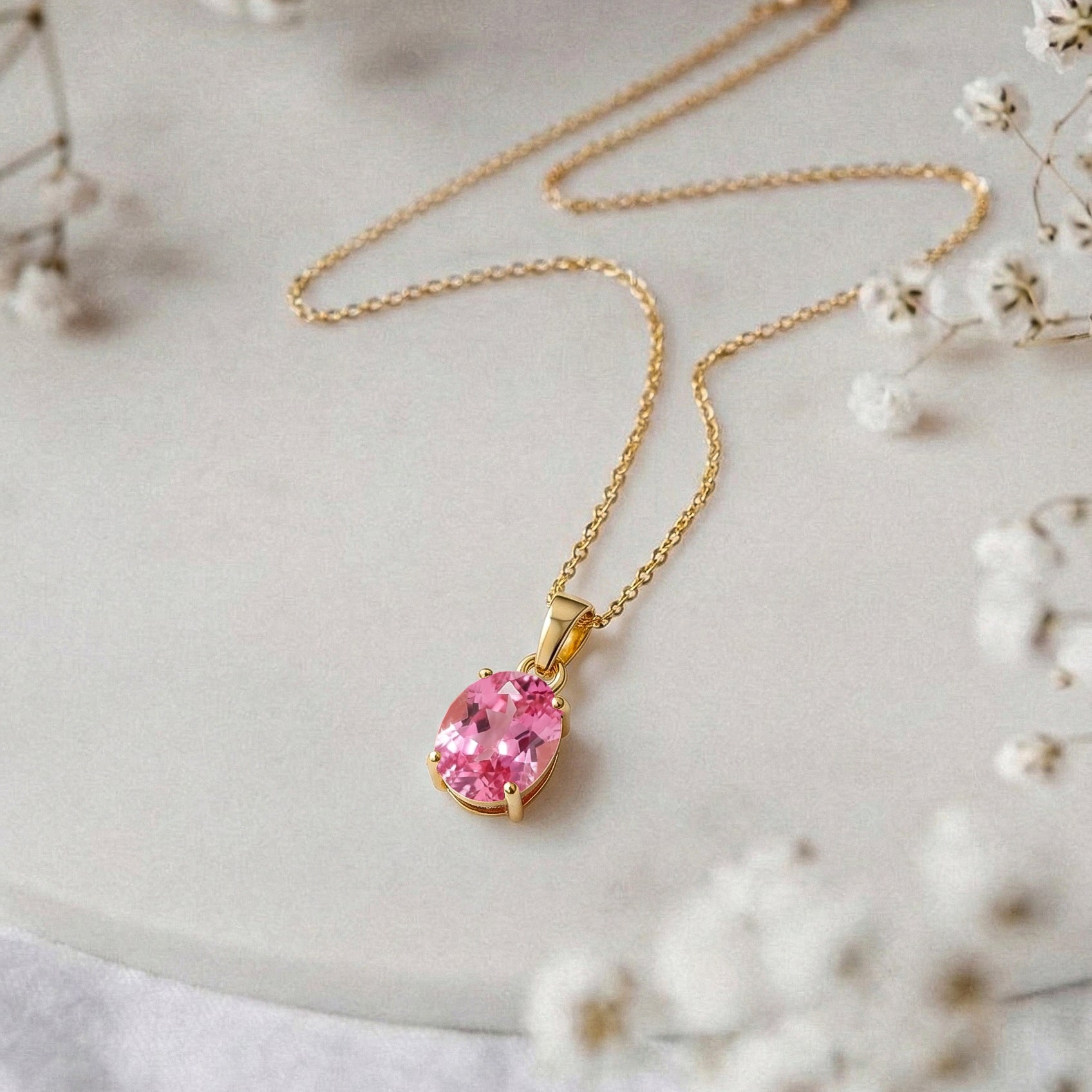Pink Tourmaline Solitaire Pendant Necklace in Yellow Gold Plated 9x7 MM 1.4ct