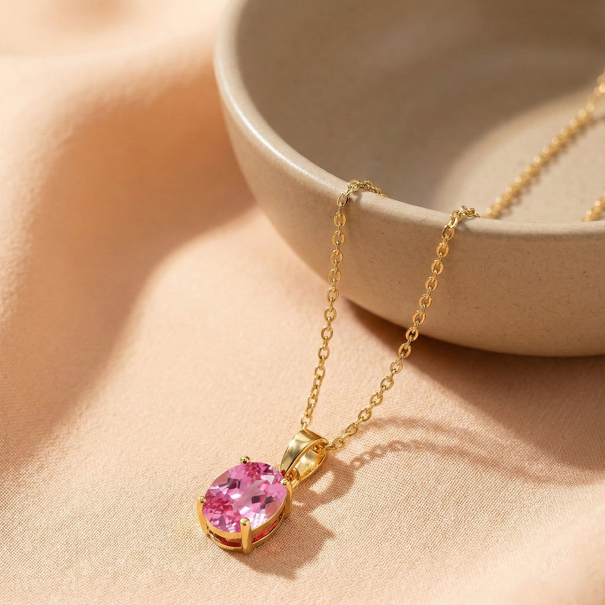 Pink Tourmaline Solitaire Pendant Necklace in Yellow Gold Plated 9x7 MM 1.4ct
