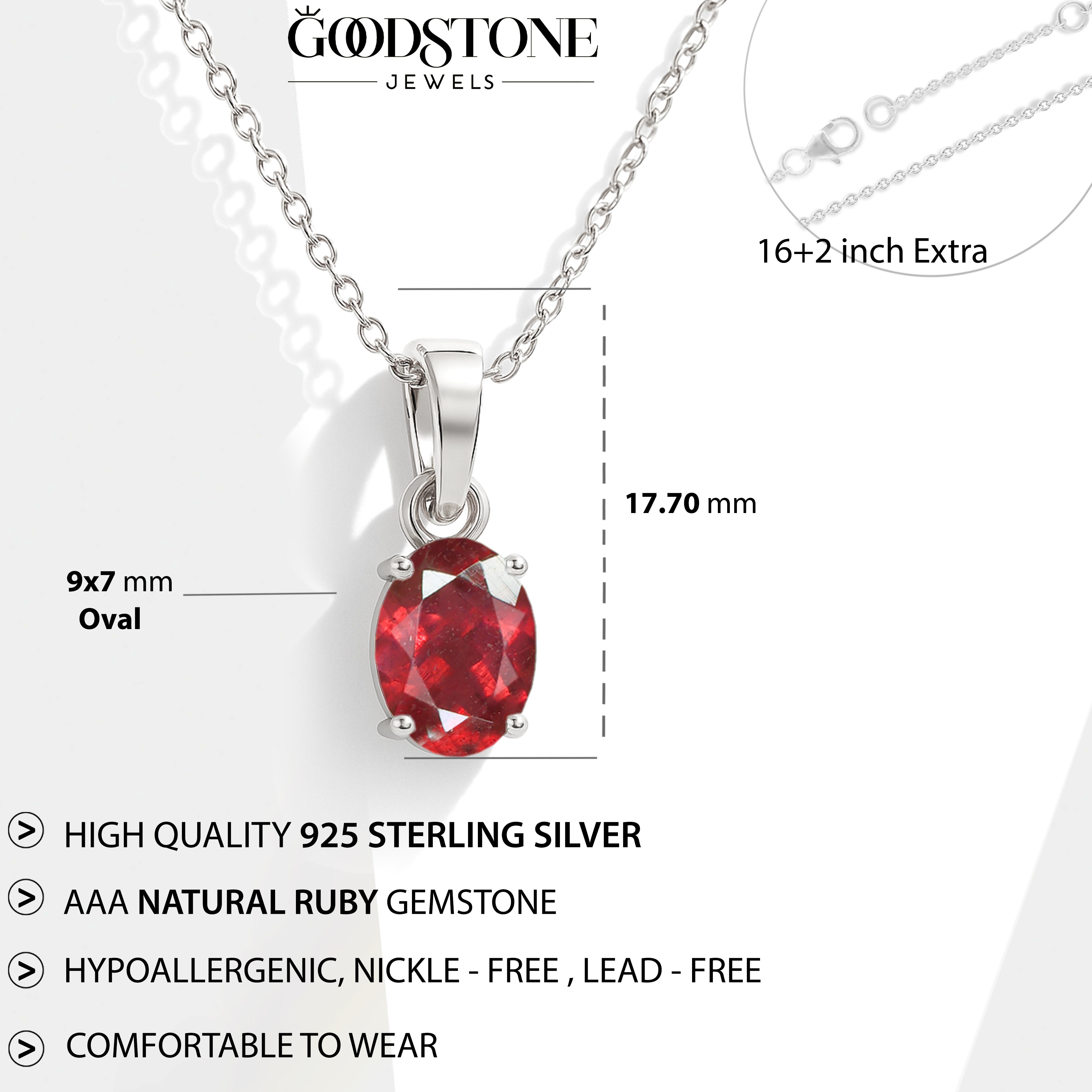 Ruby Solitaire Pendant Necklace in 925 Sterling Silver 9x7 MM 1.4ct