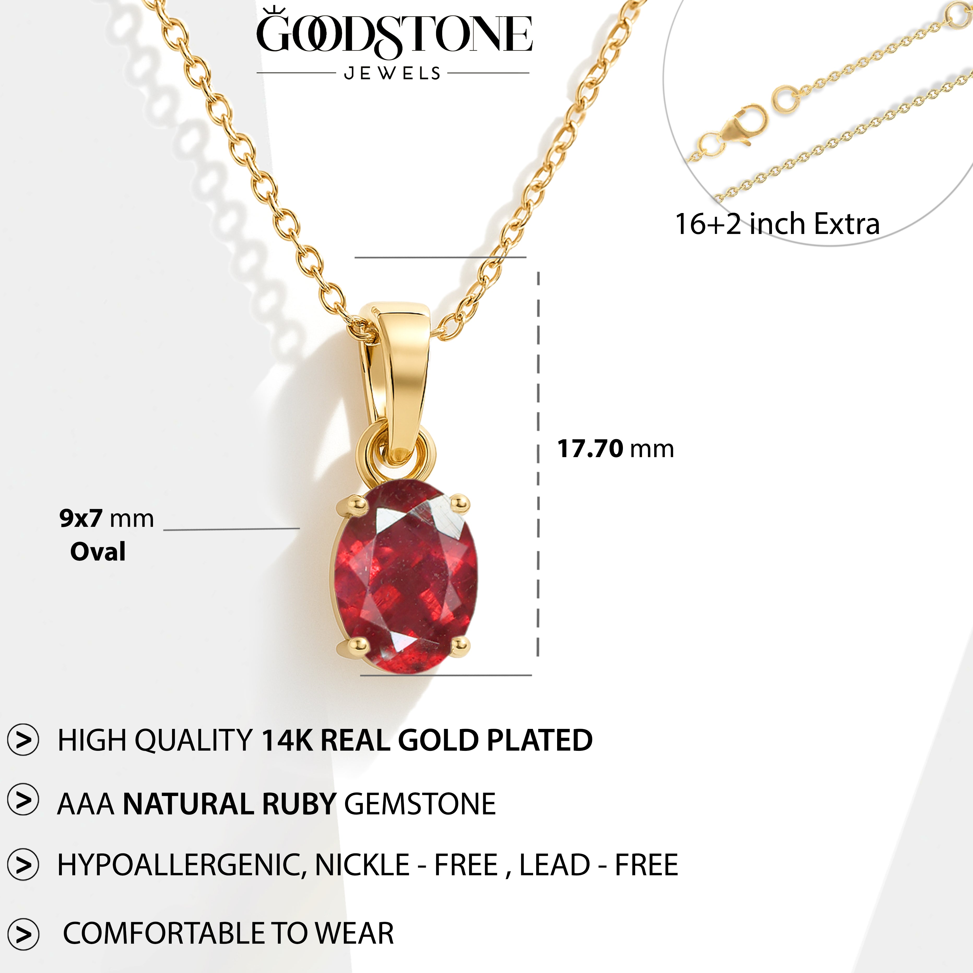Ruby Solitaire Pendant Necklace in Yellow Gold Plated 9x7 MM 1.4ct