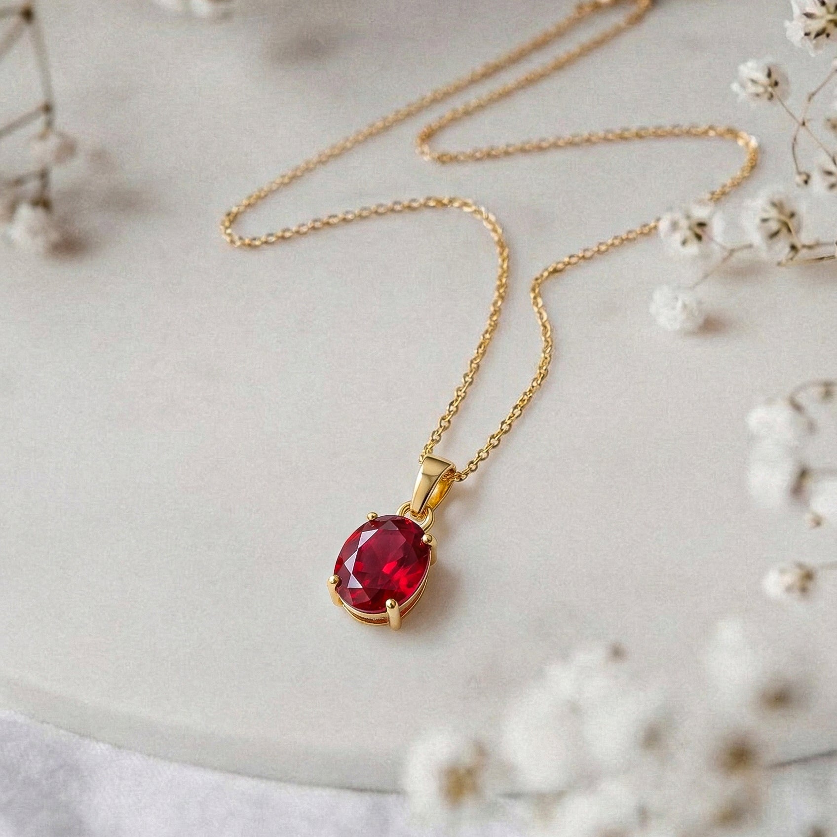 Ruby Solitaire Pendant Necklace in Yellow Gold Plated 9x7 MM 1.4ct