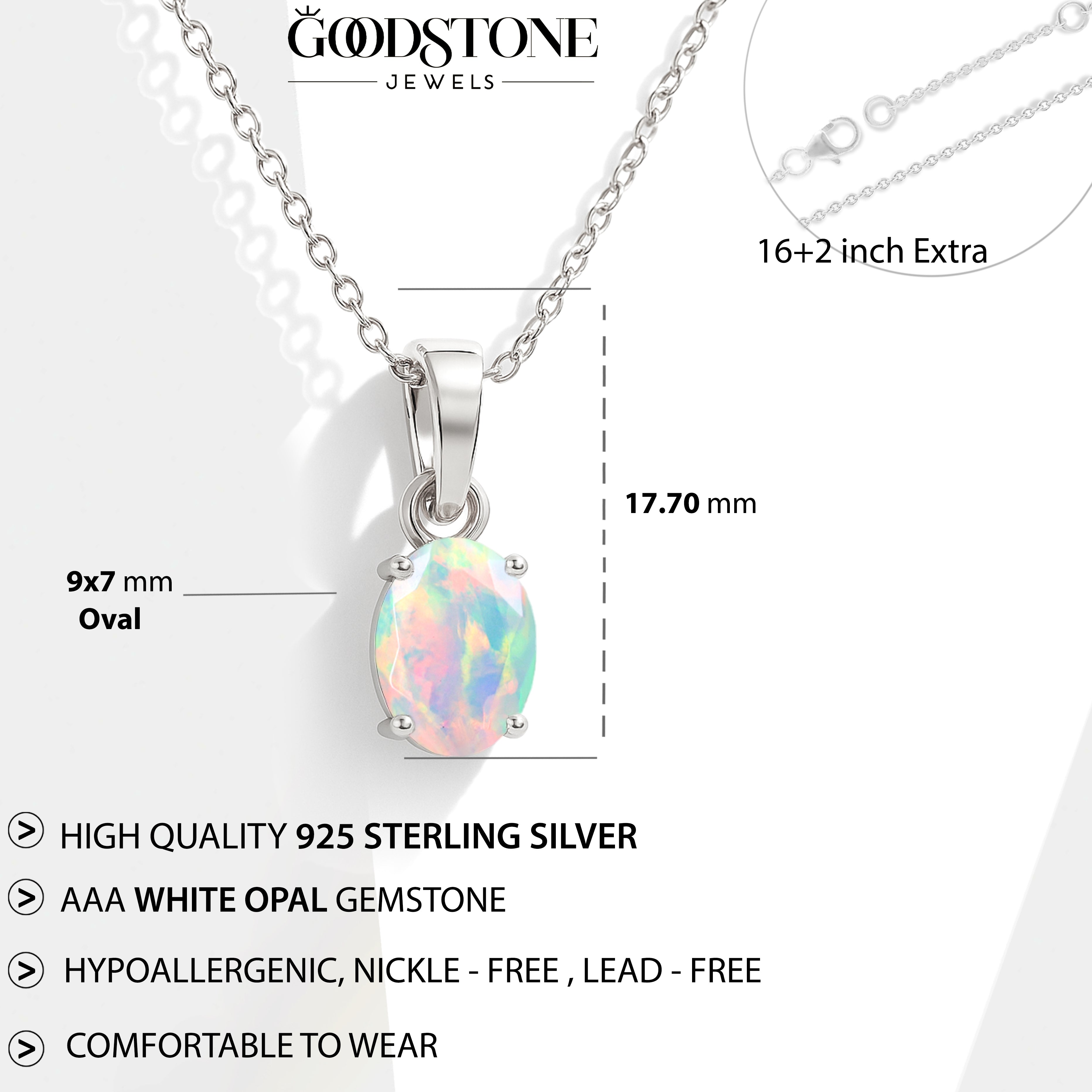 Natural White Opal Oval Pendant Necklace in 925 Sterling Silver 1.20ct