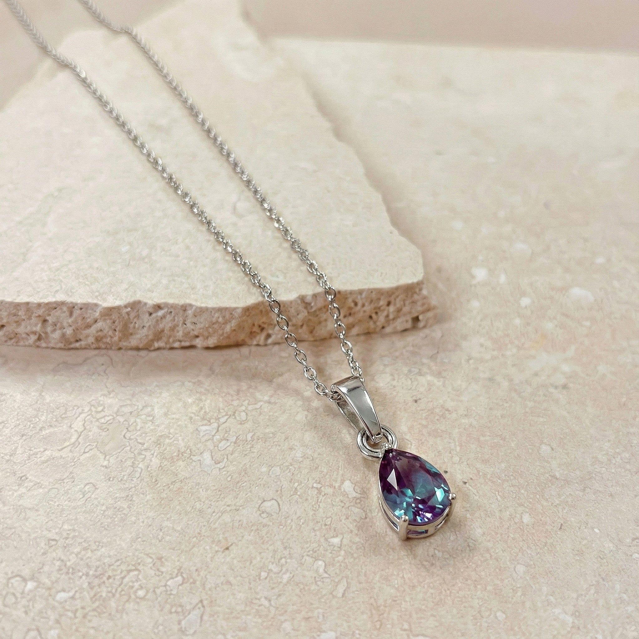 Alexandrite Pear Solitaire Teardrop Pendant Necklace in 925 Sterling Silver 9x7 MM 1.4ct