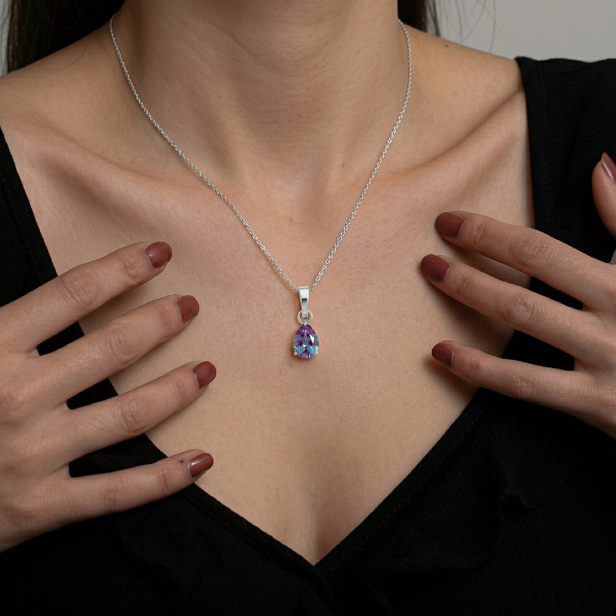Alexandrite Pear Solitaire Teardrop Pendant Necklace in 925 Sterling Silver 9x7 MM 1.4ct