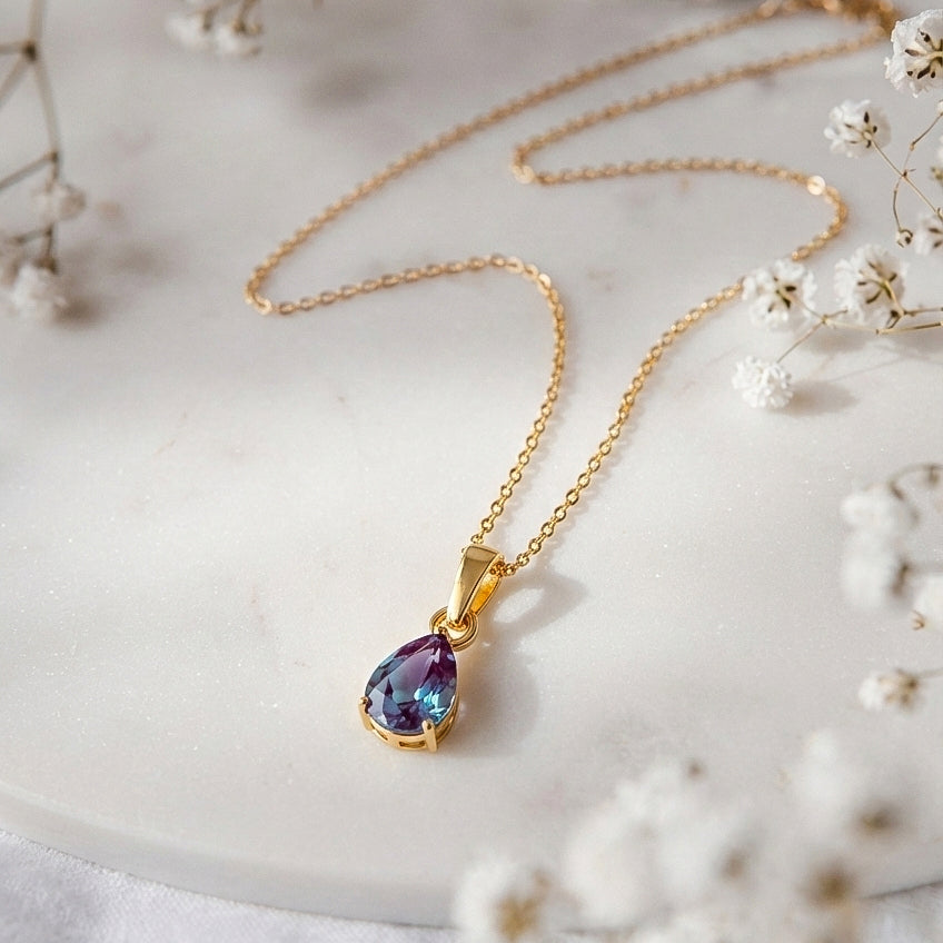 Alexandrite Pear Solitaire Teardrop Pendant Necklace in Yellow Gold Plated 9x7 MM 1.4ct