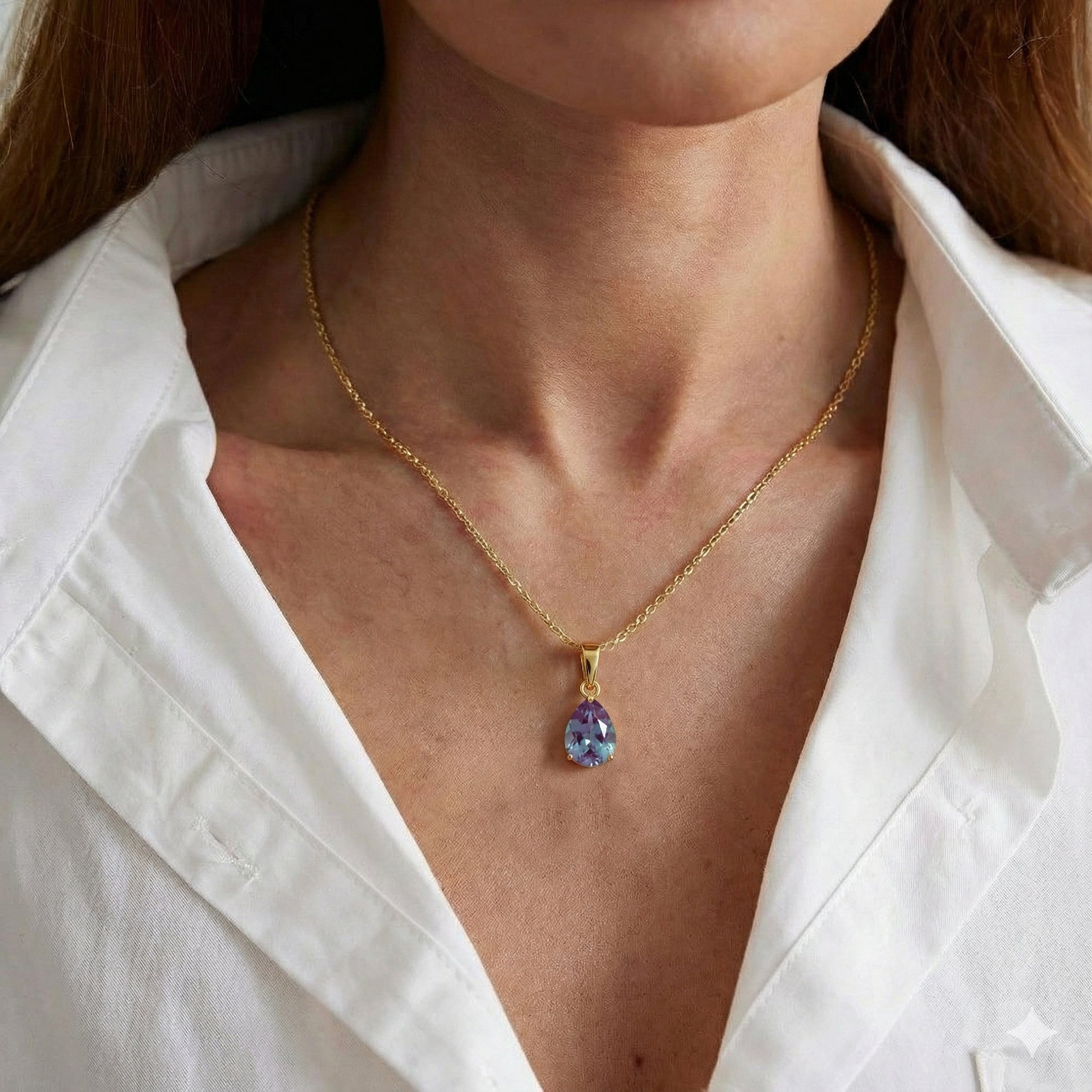 Alexandrite Pear Solitaire Teardrop Pendant Necklace in Yellow Gold Plated 9x7 MM 1.4ct