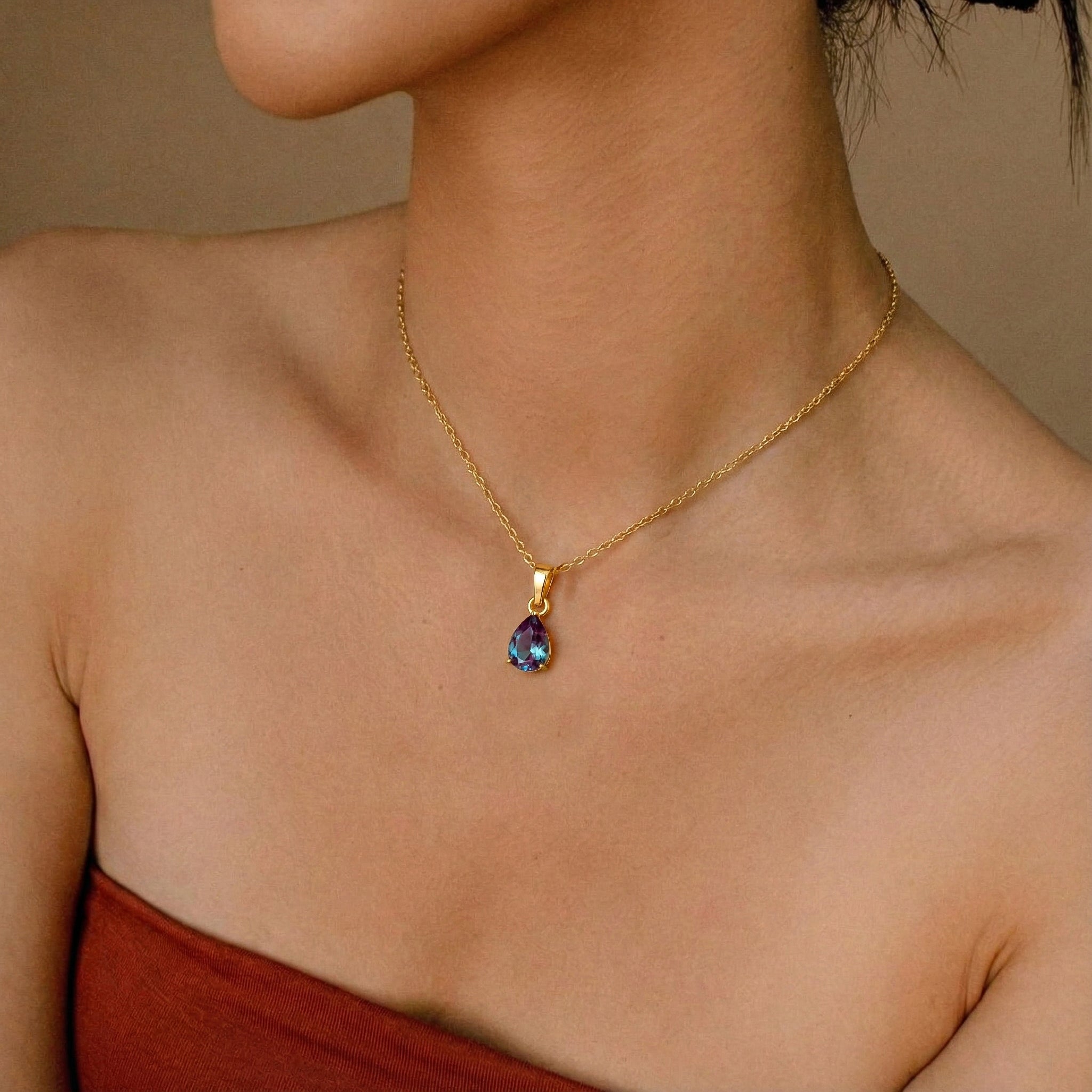 Alexandrite Pear Solitaire Teardrop Pendant Necklace in 925 Sterling Silver 9x7 MM 1.4ct
