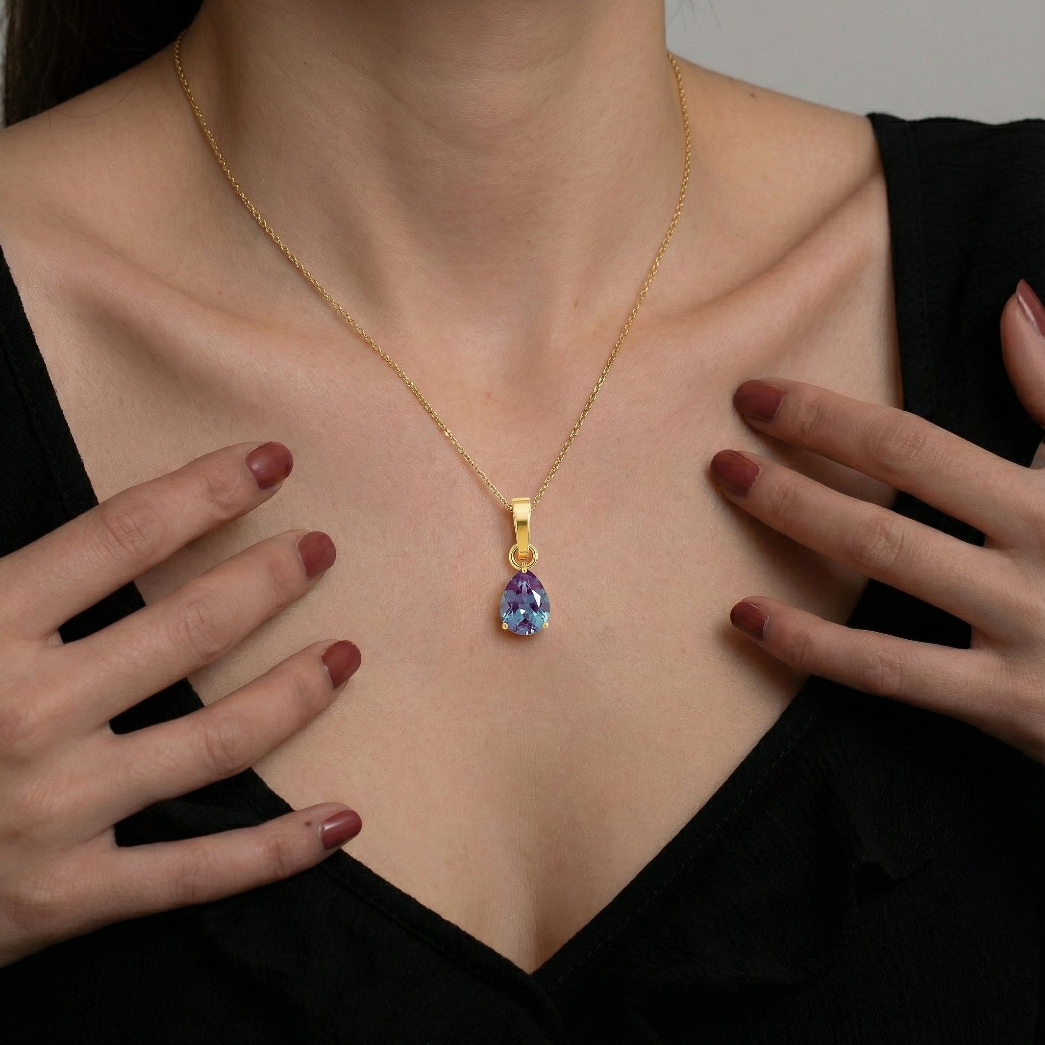 Alexandrite Pear Solitaire Teardrop Pendant Necklace in Yellow Gold Plated 9x7 MM 1.4ct