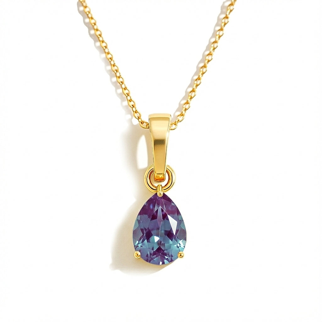 Alexandrite Pear Solitaire Teardrop Pendant Necklace in Yellow Gold Plated 9x7 MM 1.4ct