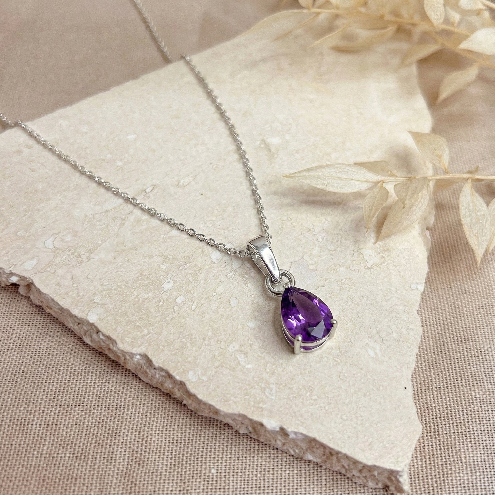 Amethyst Pear Solitaire Teardrop Pendant Necklace in 925 Sterling Silver 9x7 MM 1.4ct