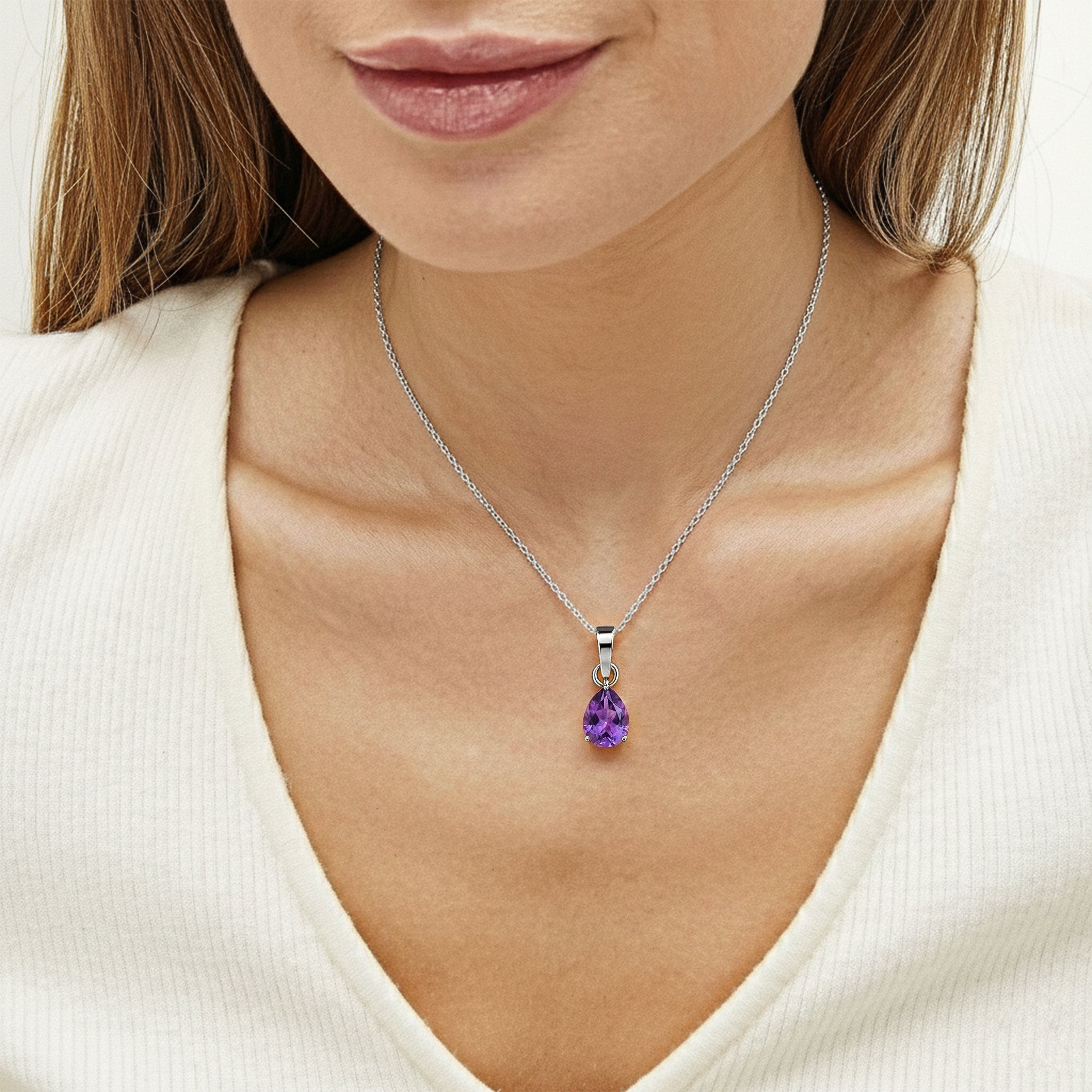 Amethyst Pear Solitaire Teardrop Pendant Necklace in 925 Sterling Silver 9x7 MM 1.4ct