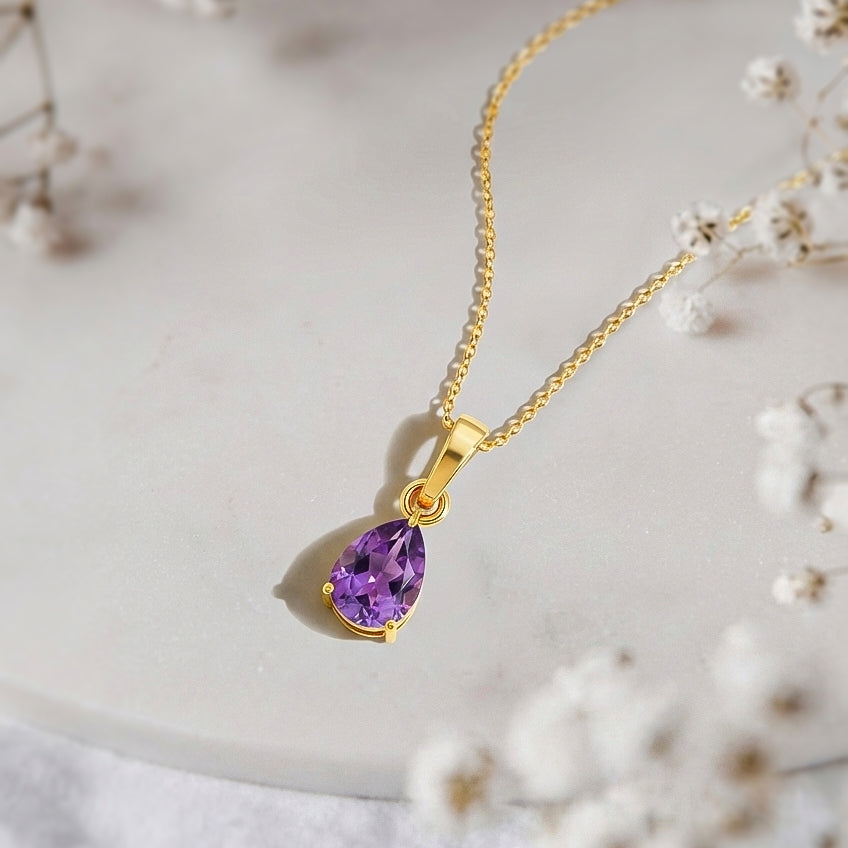 Amethyst Pear Solitaire Teardrop Pendant Necklace in 925 Sterling Silver 9x7 MM 1.4ct