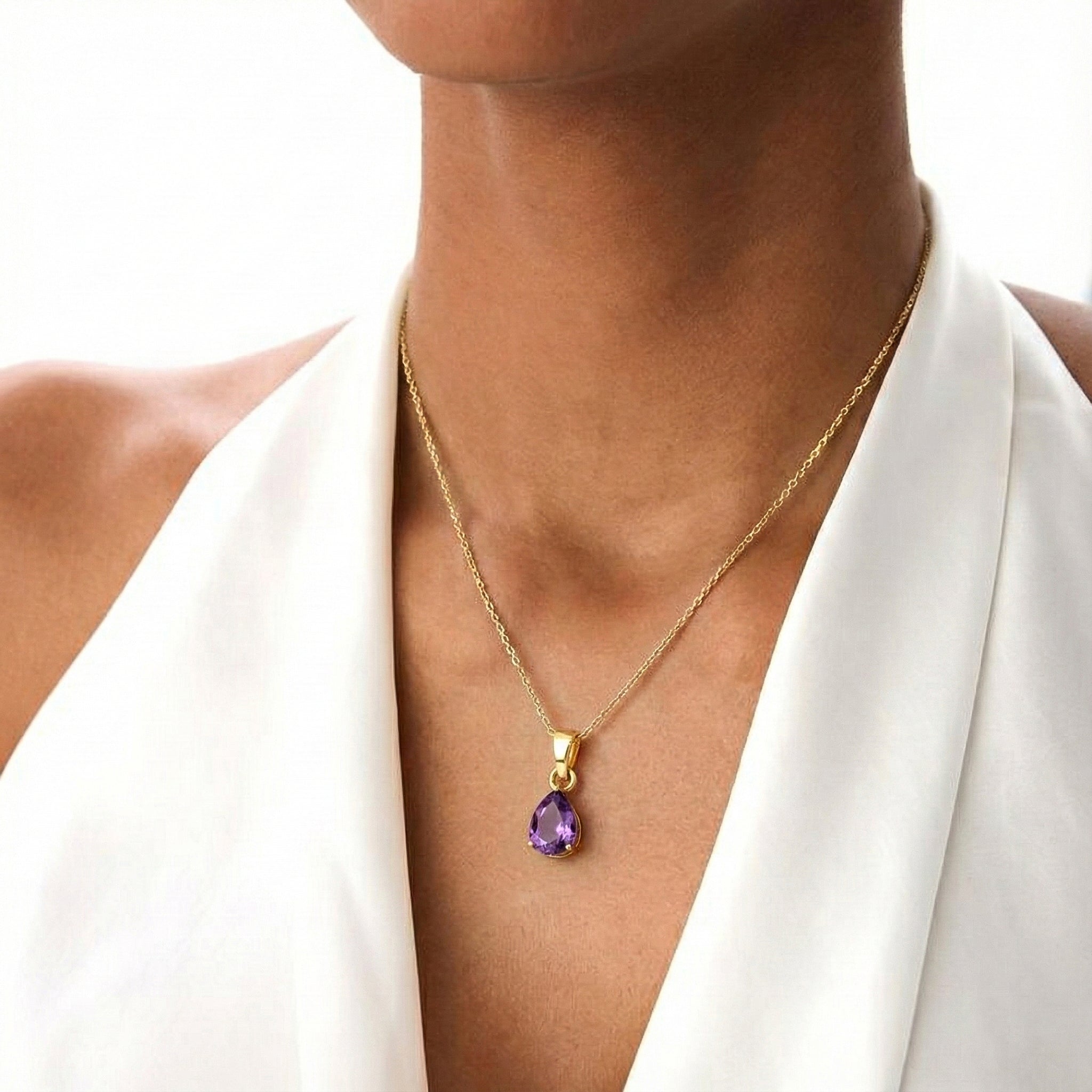 Amethyst Pear Solitaire Teardrop Pendant Necklace in 925 Sterling Silver 9x7 MM 1.4ct