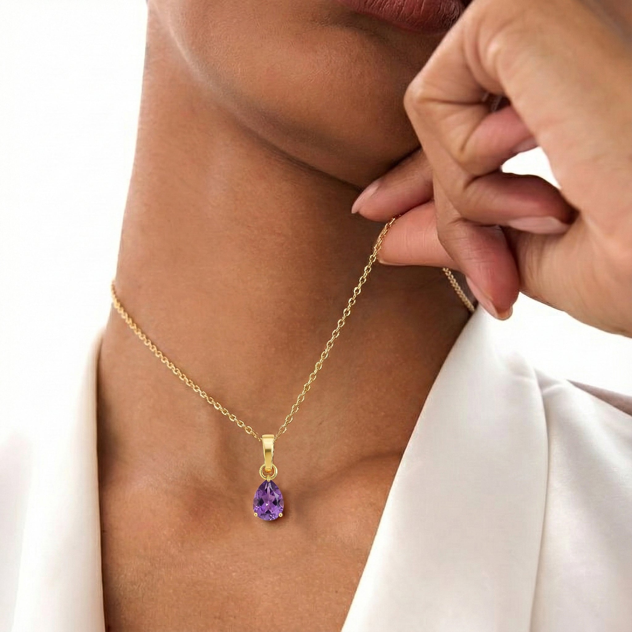 Amethyst Pear Solitaire Teardrop Pendant Necklace in Yellow Gold Plated 9x7 MM 1.4ct