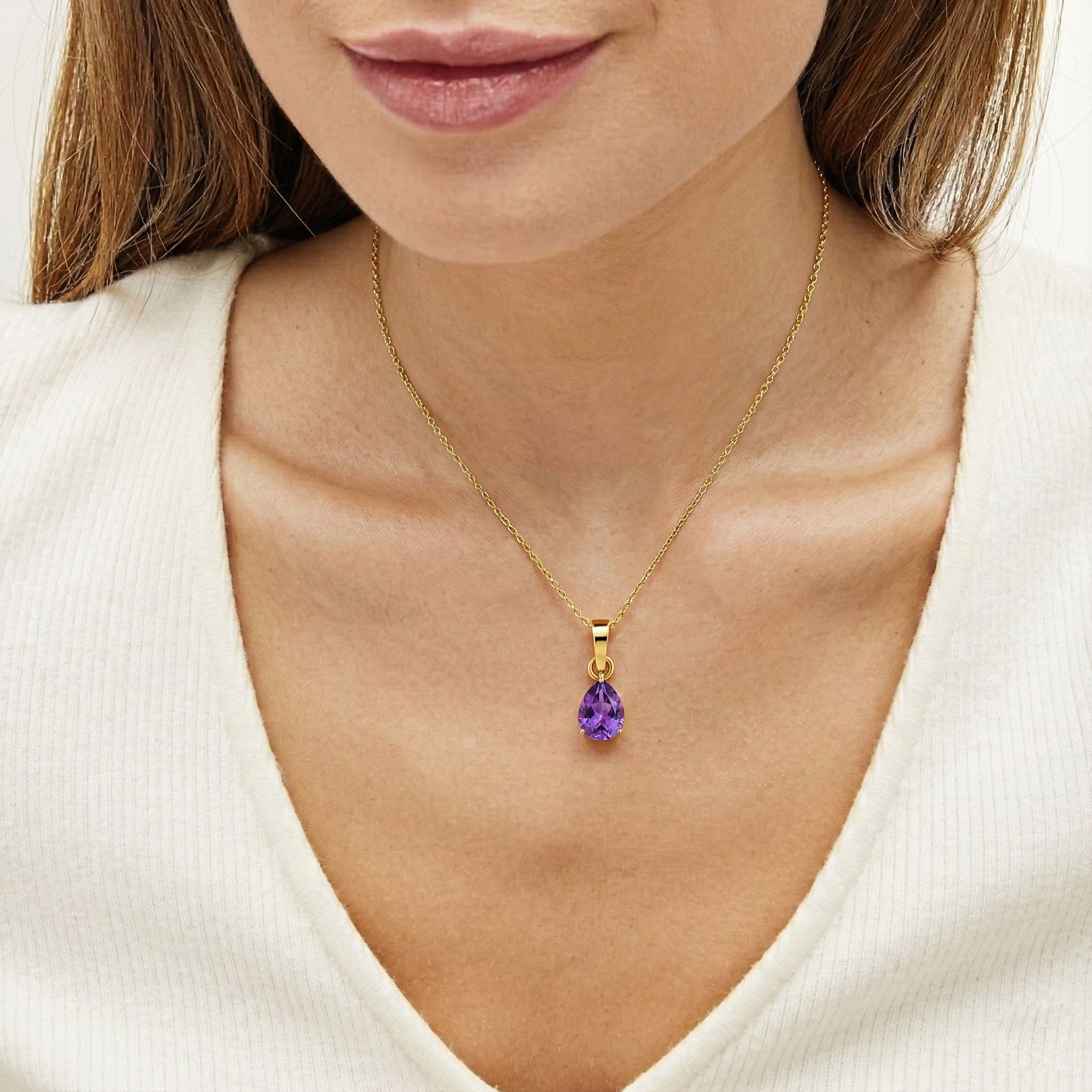 Amethyst Pear Solitaire Teardrop Pendant Necklace in Yellow Gold Plated 9x7 MM 1.4ct
