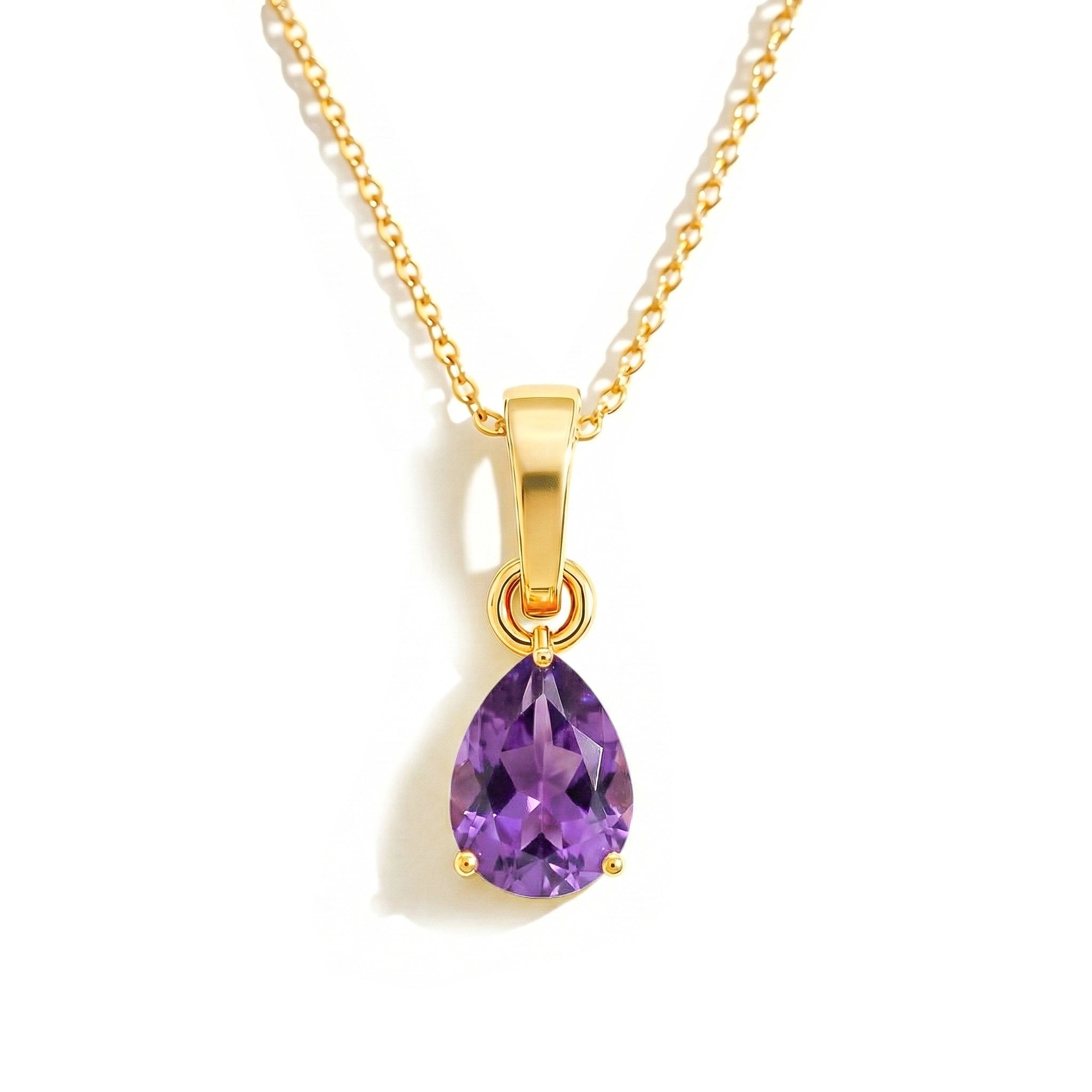 Amethyst Pear Solitaire Teardrop Pendant Necklace in Yellow Gold Plated 9x7 MM 1.4ct