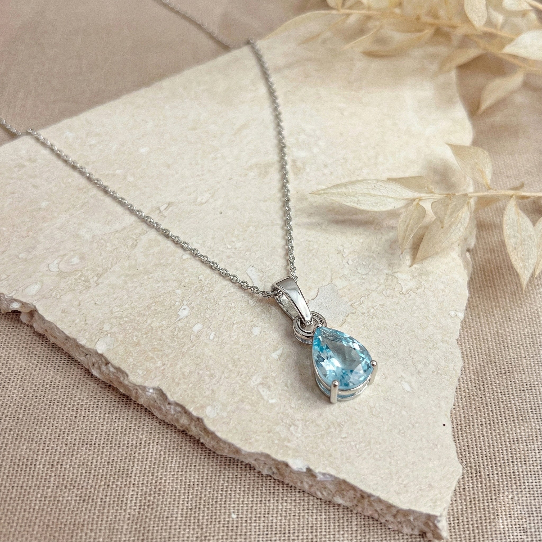 Aquamarine Pear Solitaire Teardrop Pendant Necklace in 925 Sterling Silver 9x7 MM 1.4ct
