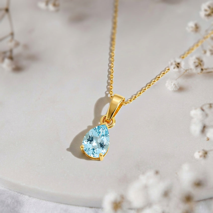 Aquamarine Pear Solitaire Teardrop Pendant Necklace in Yellow Gold Plated 9x7 MM 1.4ct