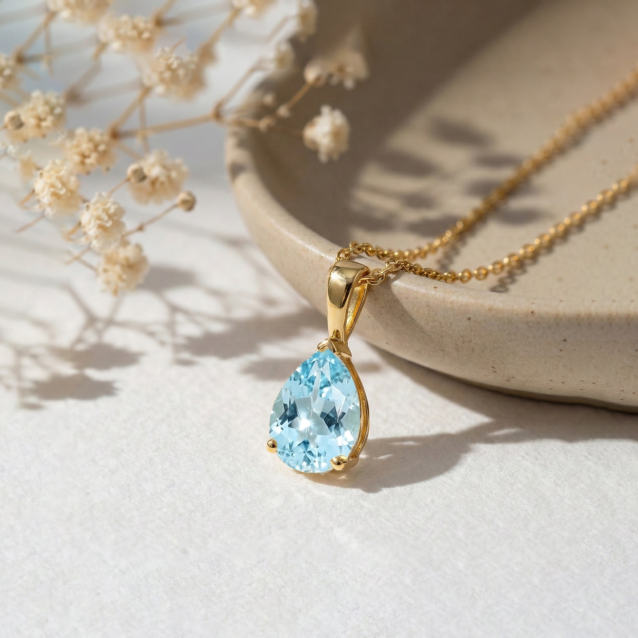 Aquamarine Pear Solitaire Teardrop Pendant Necklace in Yellow Gold Plated 9x7 MM 1.4ct