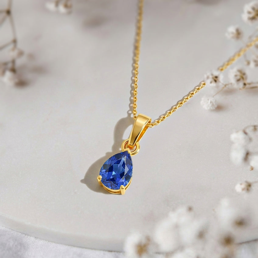 Blue Sapphire Pear Solitaire Teardrop Pendant Necklace in 925 Sterling Silver 9x7 MM 1.4ct