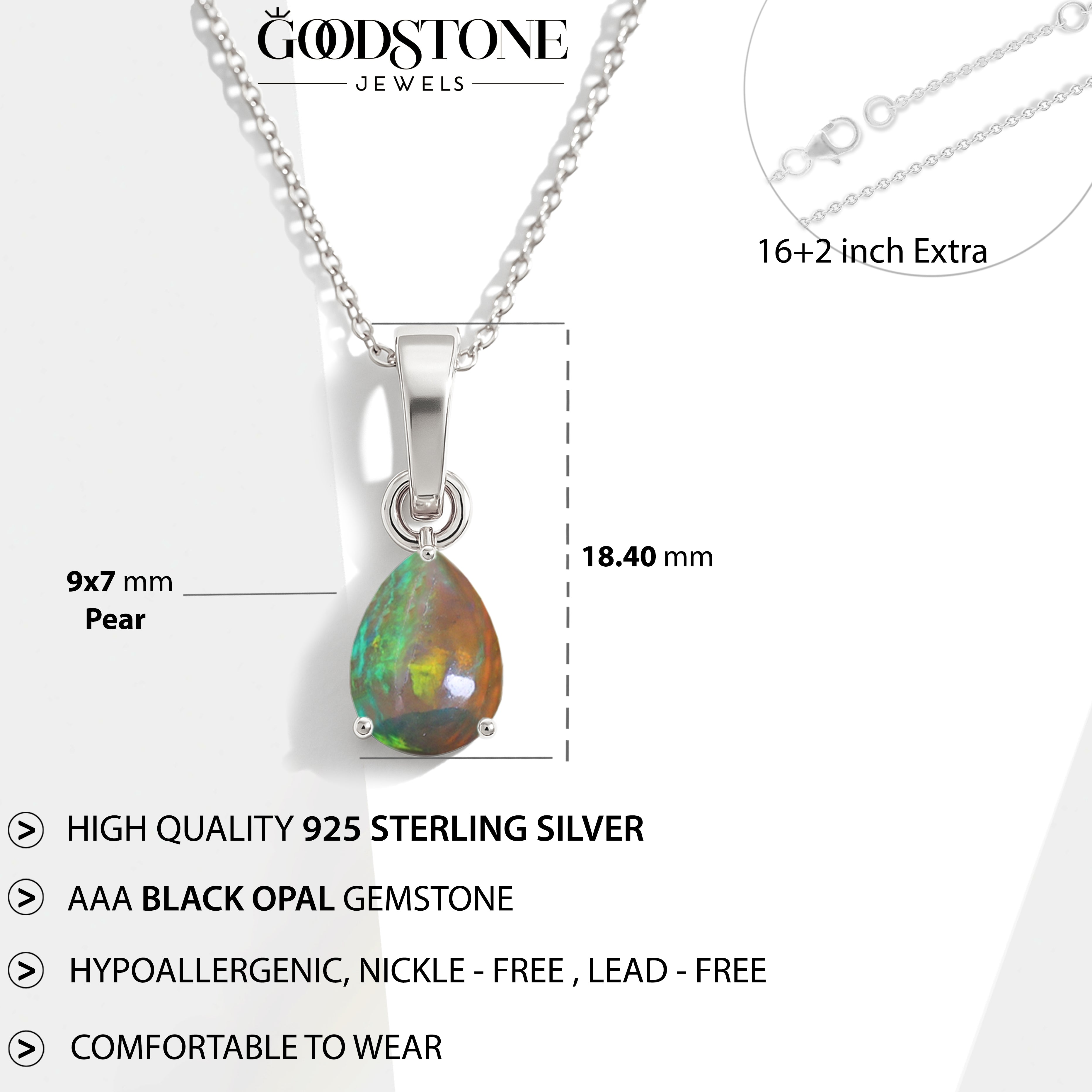 Black Opal Pear Teardrop Pendant Necklace in 925 Sterling Silver 1.20ct