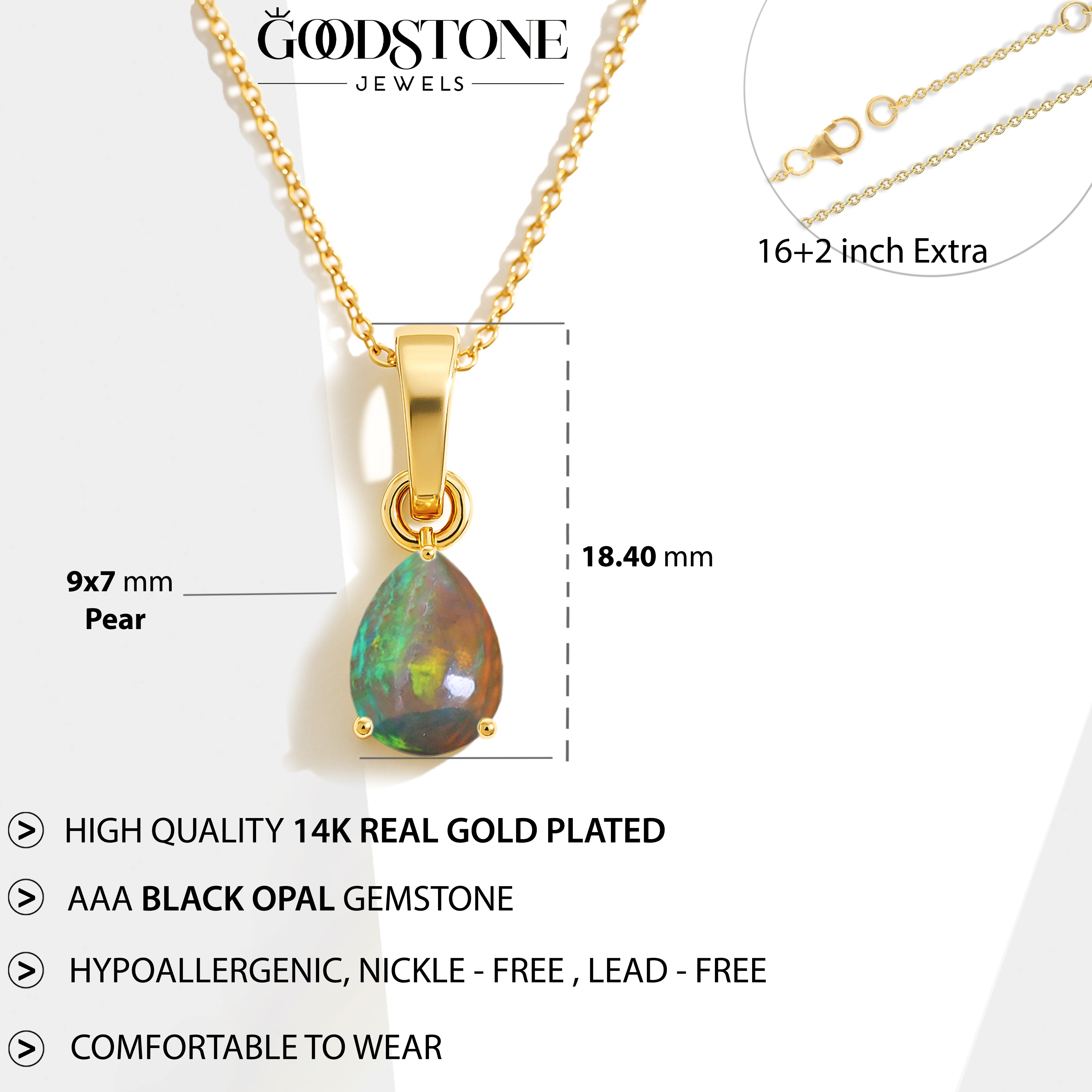 Black Opal Pear Teardrop Pendant Necklace in 925 Sterling Silver 1.20ct