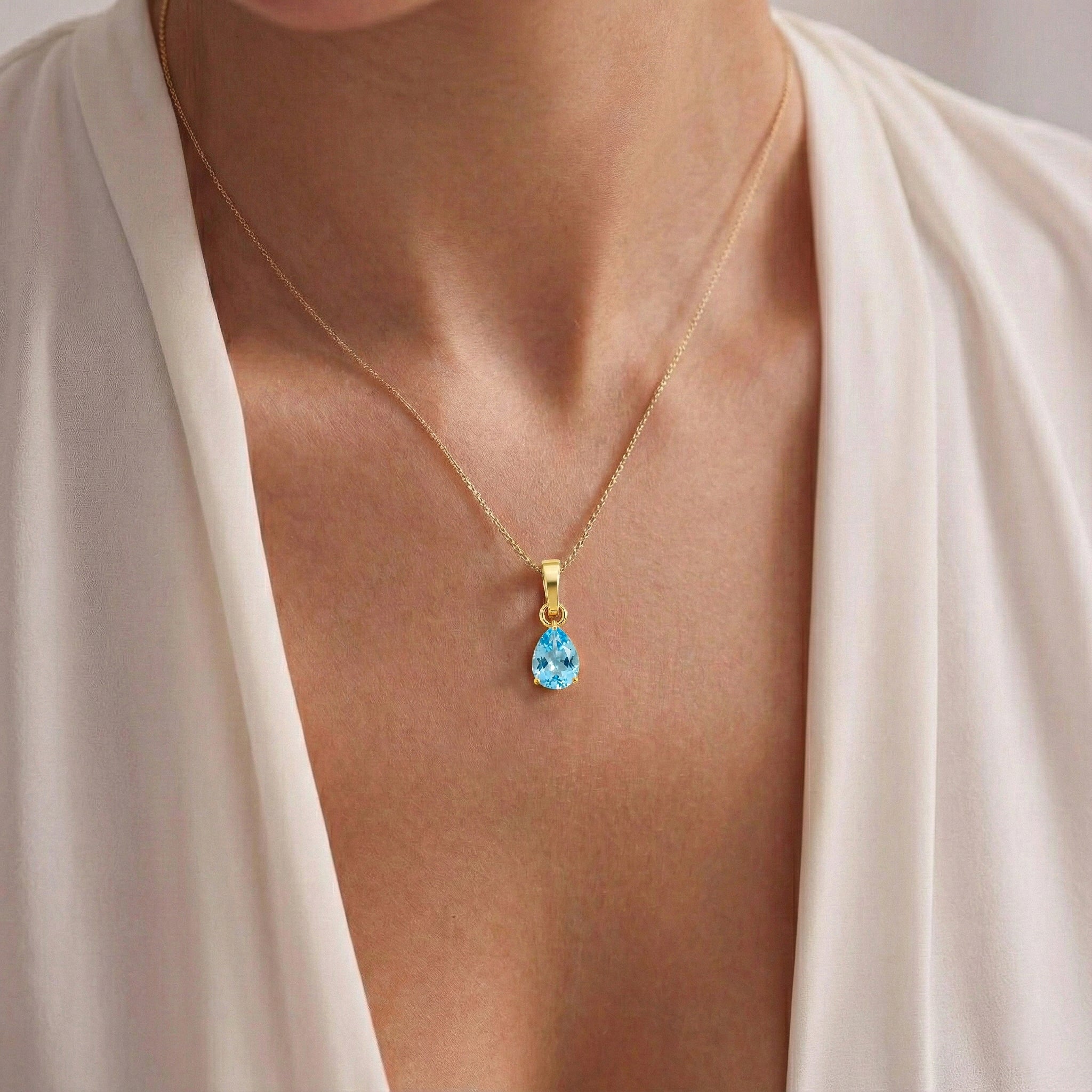 Blue Topaz Pear Solitaire Teardrop Pendant Necklace in Yellow Gold Plated 9x7 MM 1.4ct