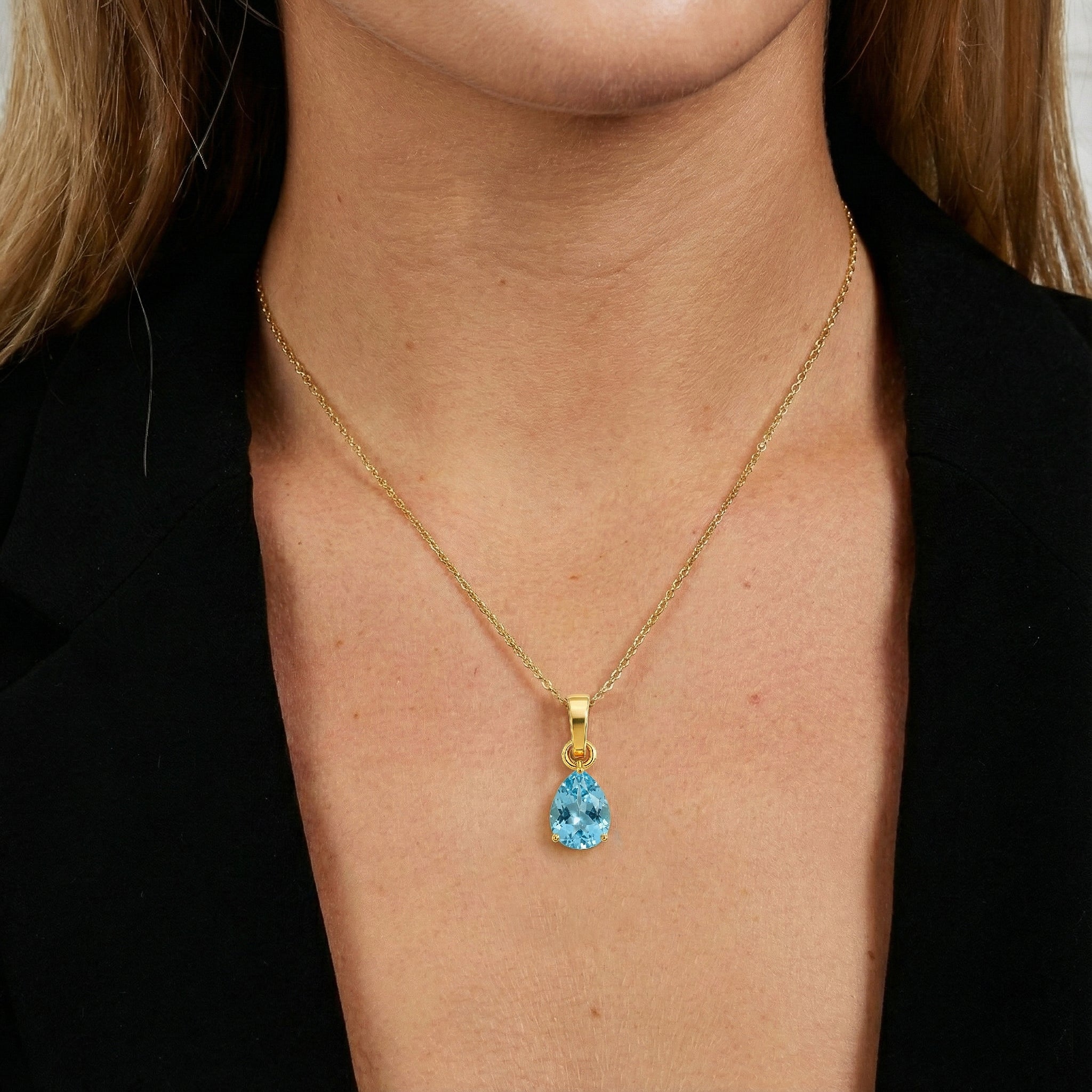 Blue Topaz Pear Solitaire Teardrop Pendant Necklace in Yellow Gold Plated 9x7 MM 1.4ct