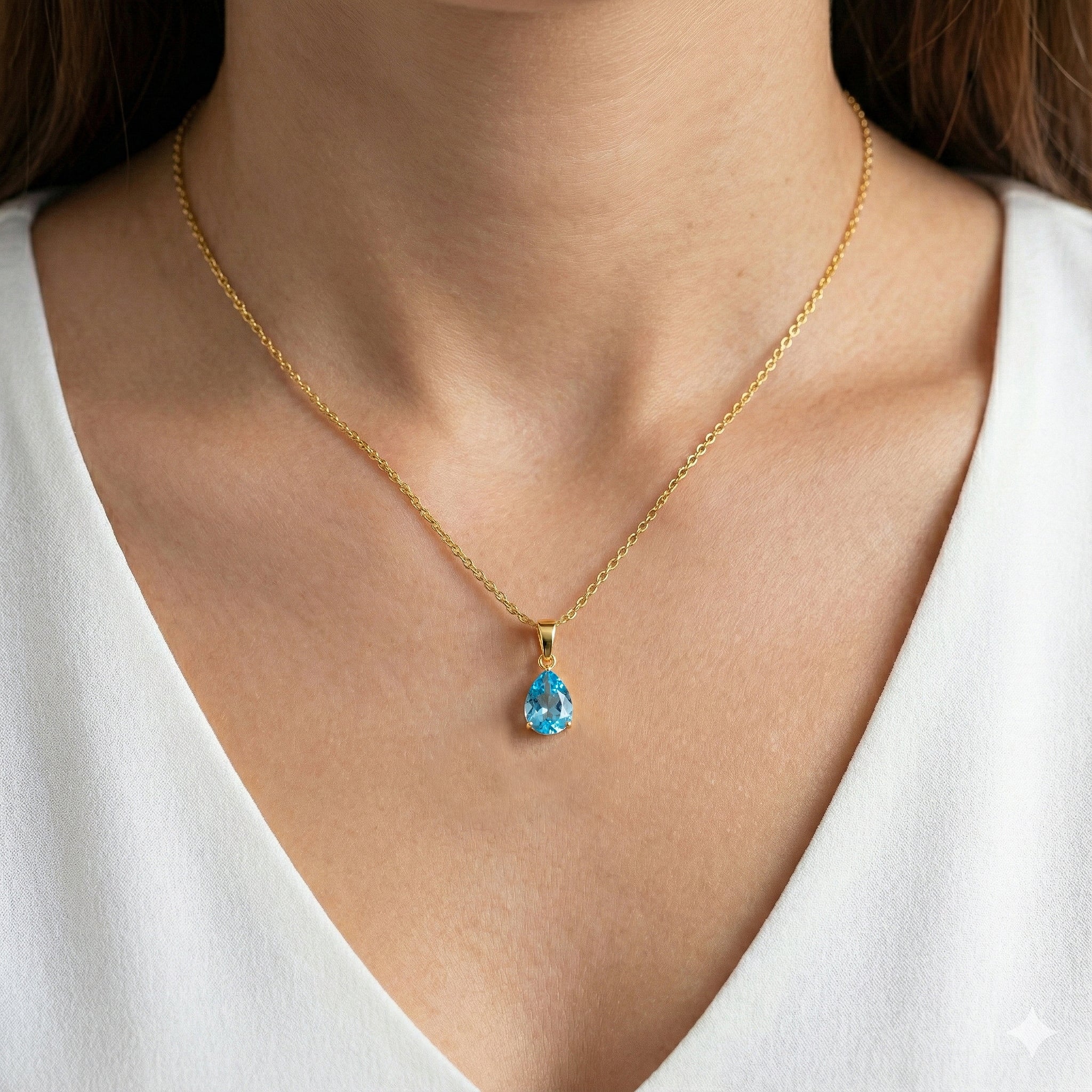 Blue Topaz Pear Solitaire Teardrop Pendant Necklace in Yellow Gold Plated 9x7 MM 1.4ct