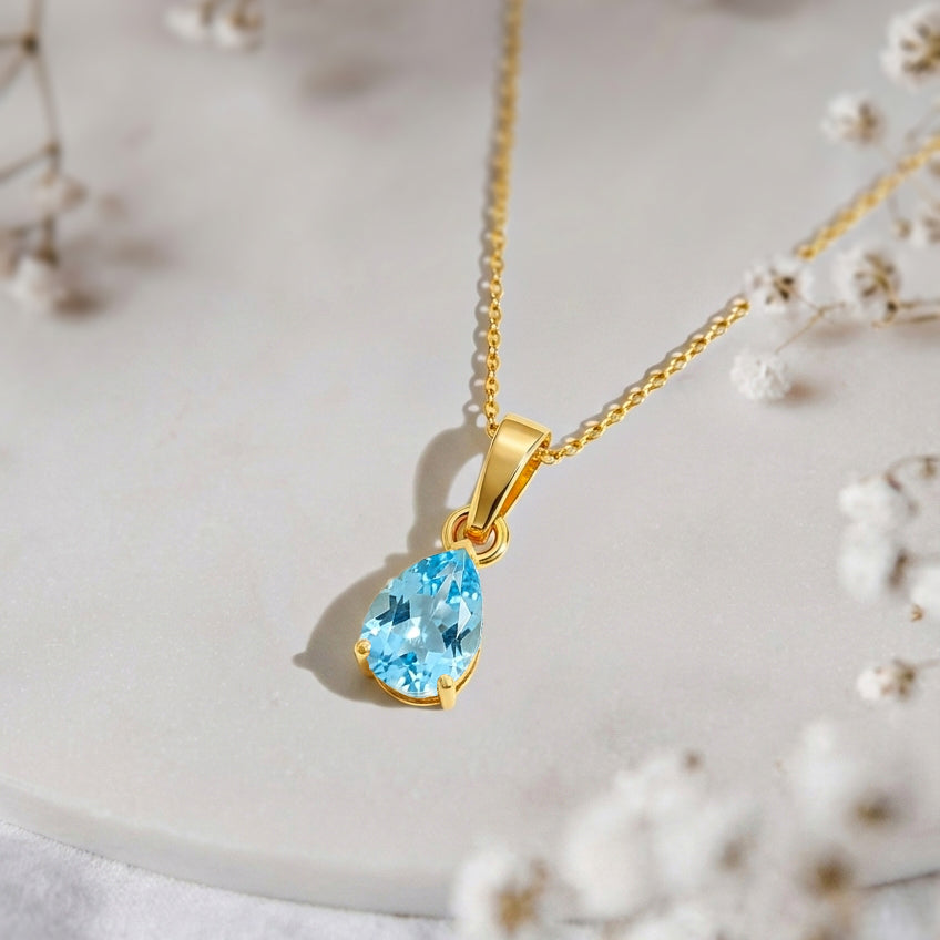 Blue Topaz Pear Solitaire Teardrop Pendant Necklace in Yellow Gold Plated 9x7 MM 1.4ct