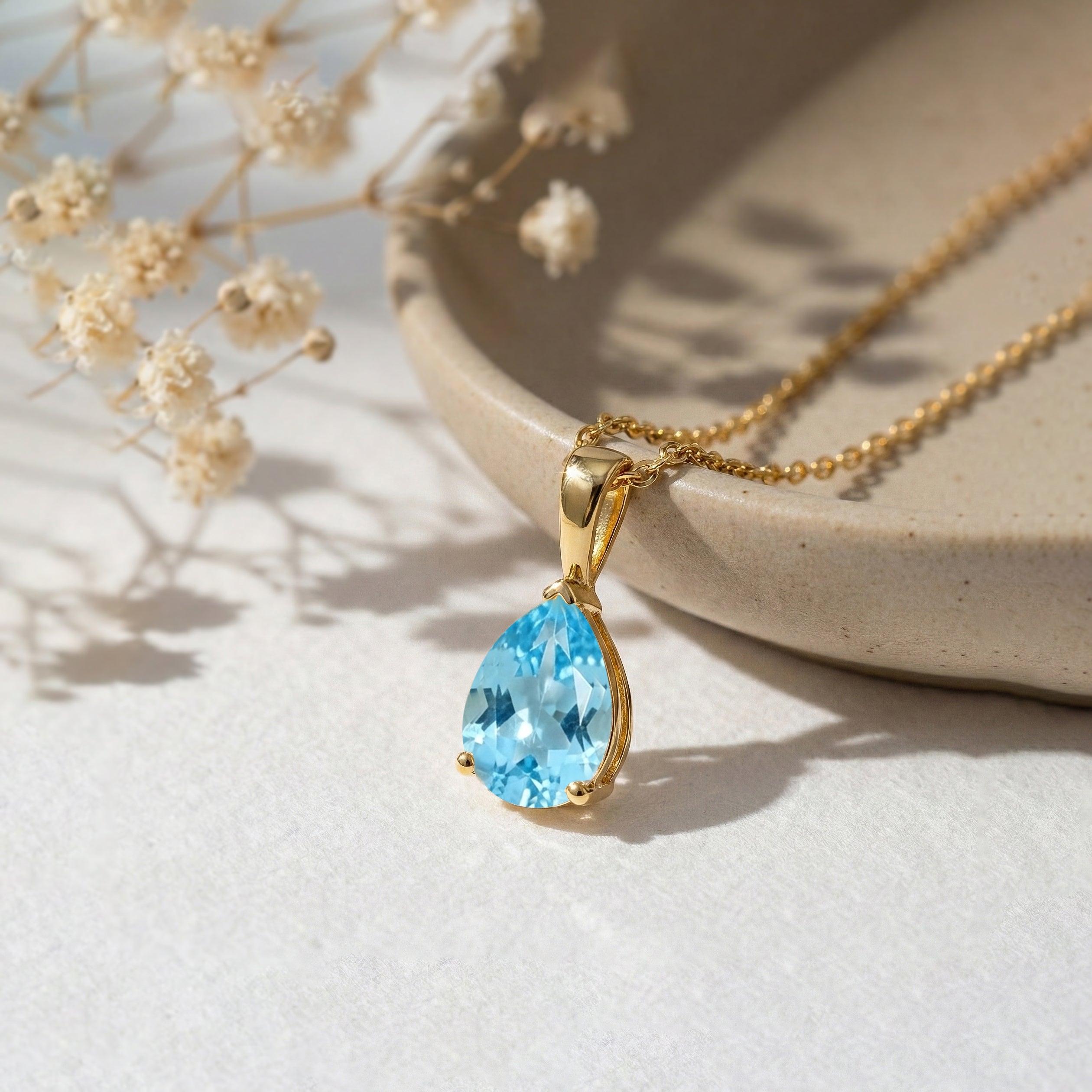 Blue Topaz Pear Solitaire Teardrop Pendant Necklace in Yellow Gold Plated 9x7 MM 1.4ct