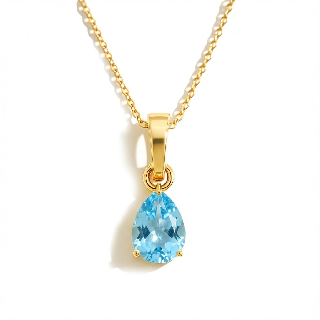 Blue Topaz Pear Solitaire Teardrop Pendant Necklace in Yellow Gold Plated 9x7 MM 1.4ct